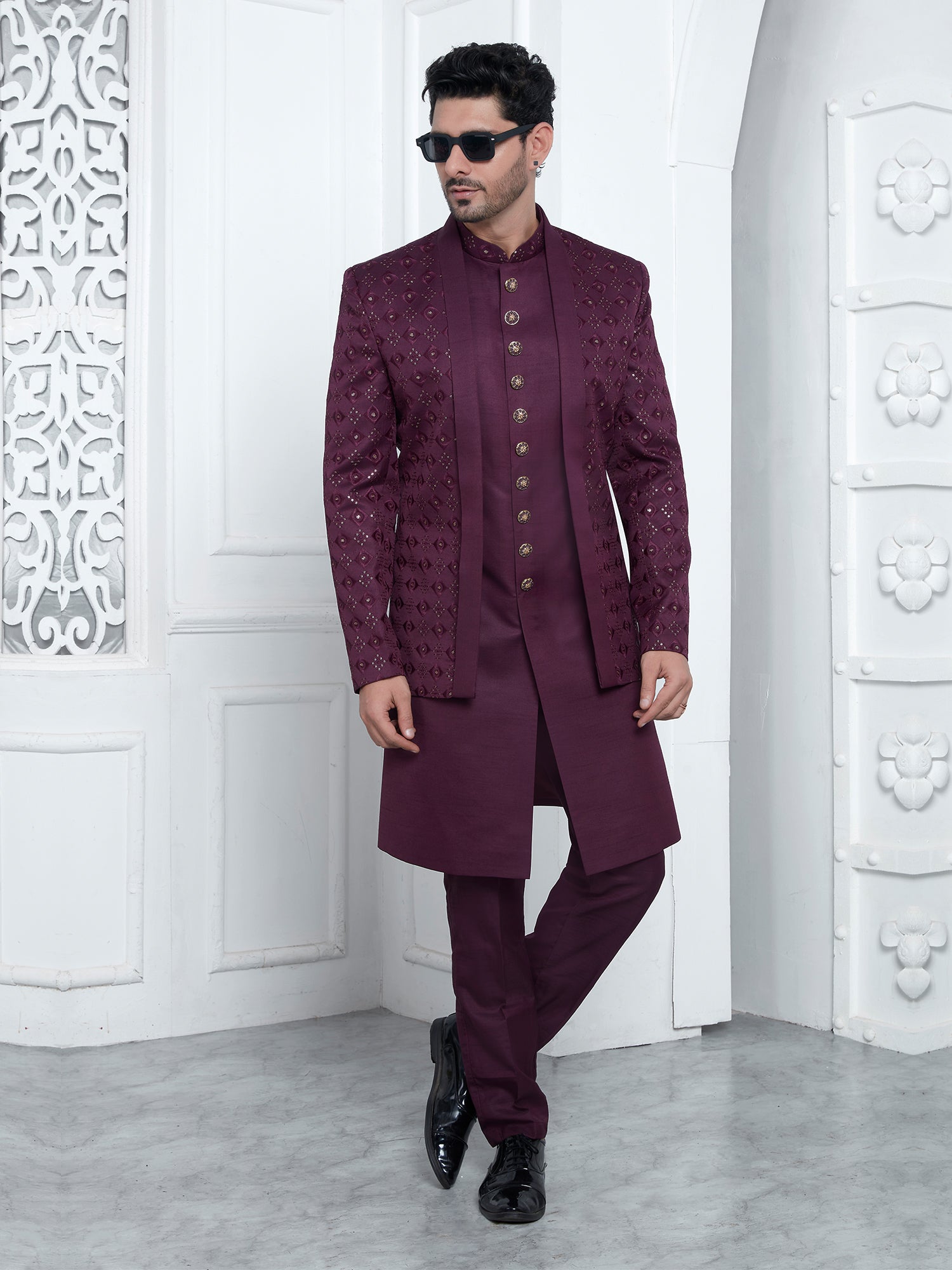 Wine Jacketed Mens Indowestern In Silk