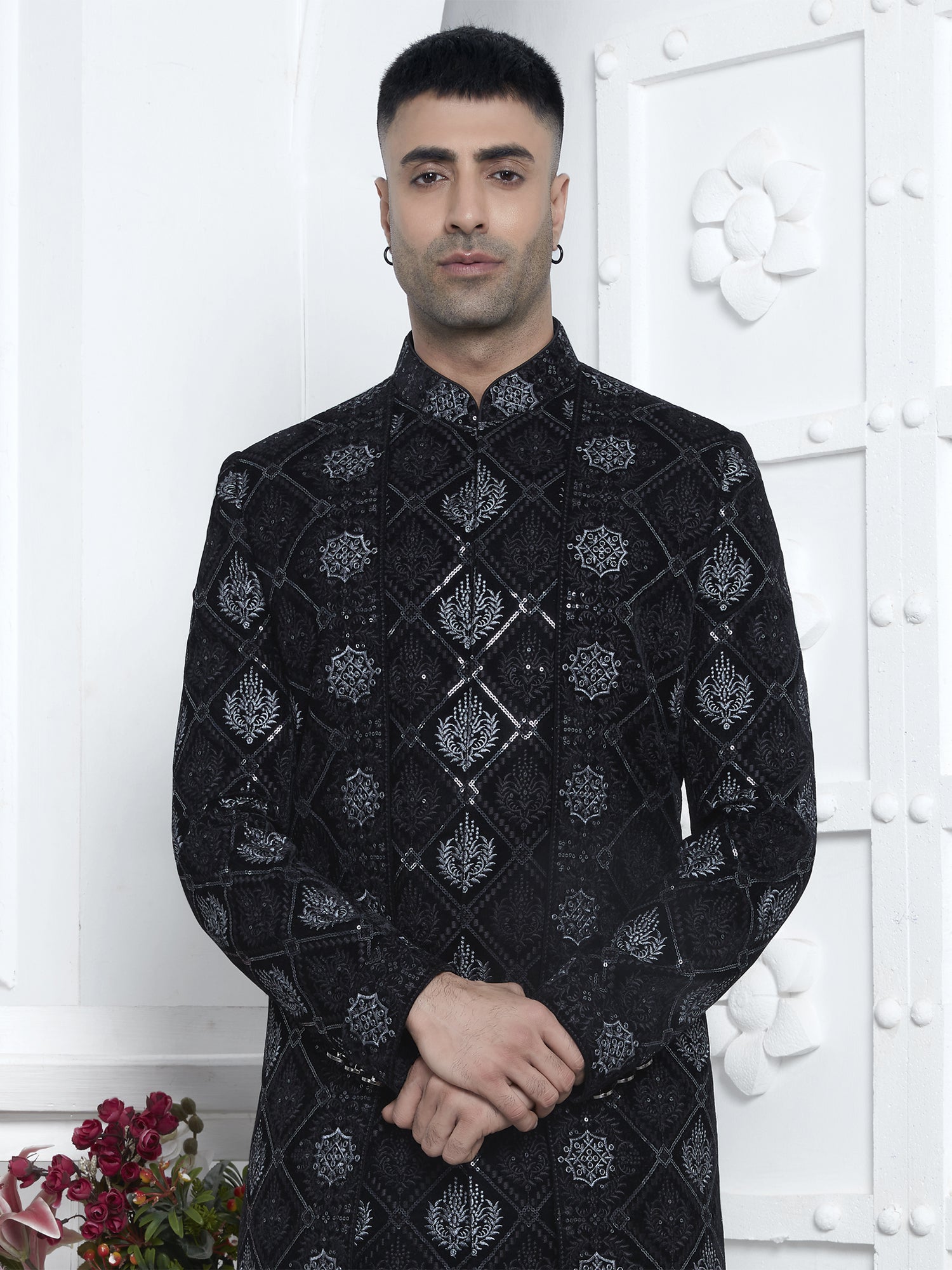 Black Self Embroidered Silk Indowestern For Mens