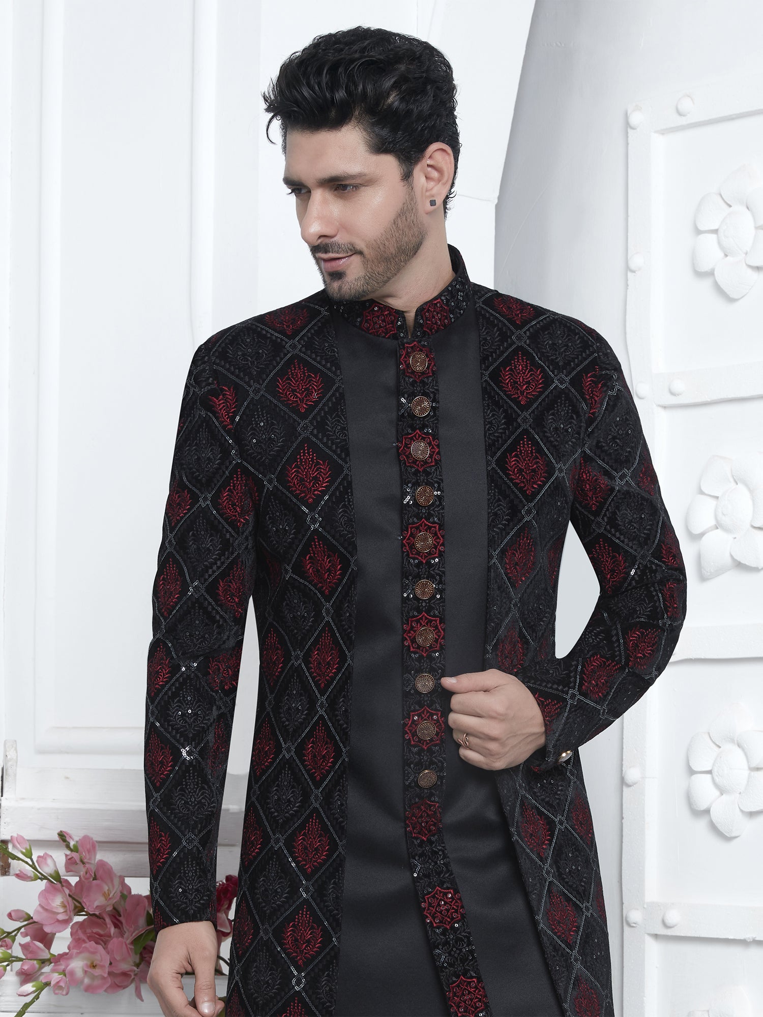 Black Jacketed Mens Indowestern Set For Mens