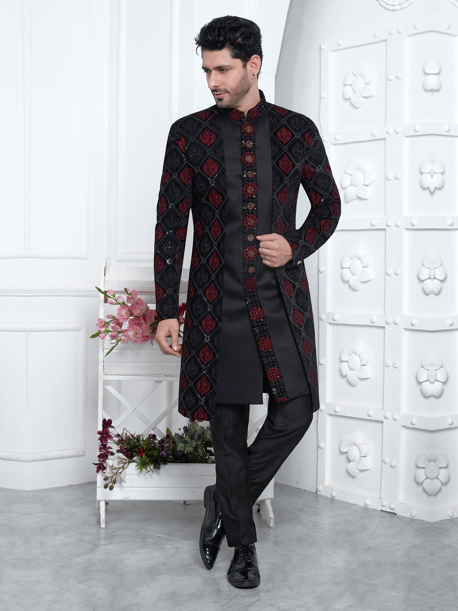 Black Jacketed Mens Indowestern Set For Mens