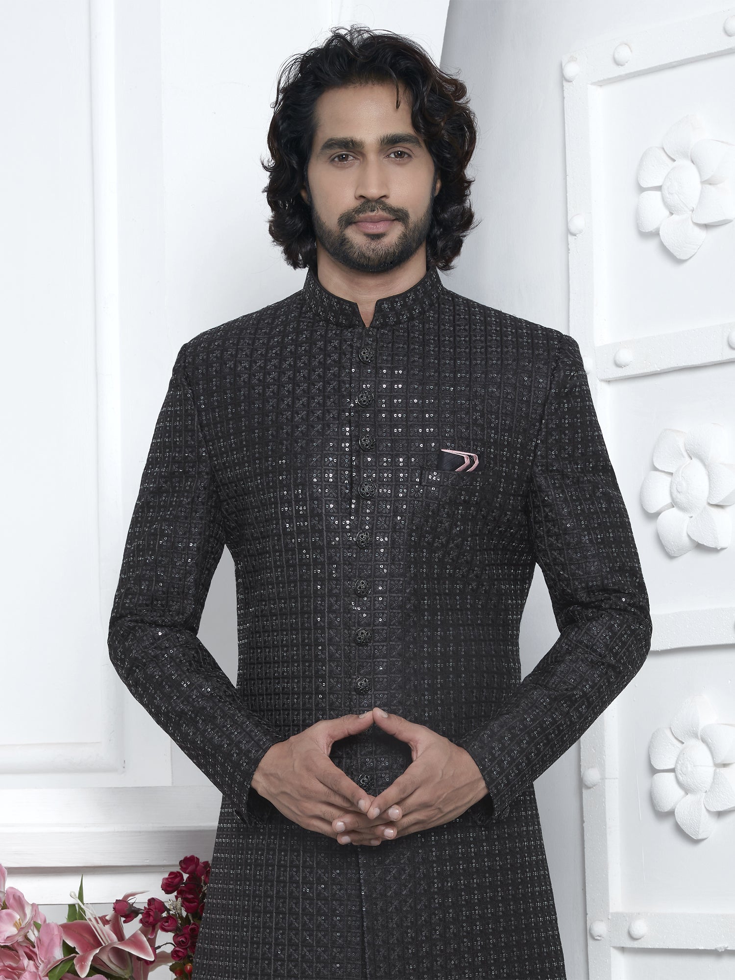 Black Heavy Embroidered Achkan Style Mens Indowestern