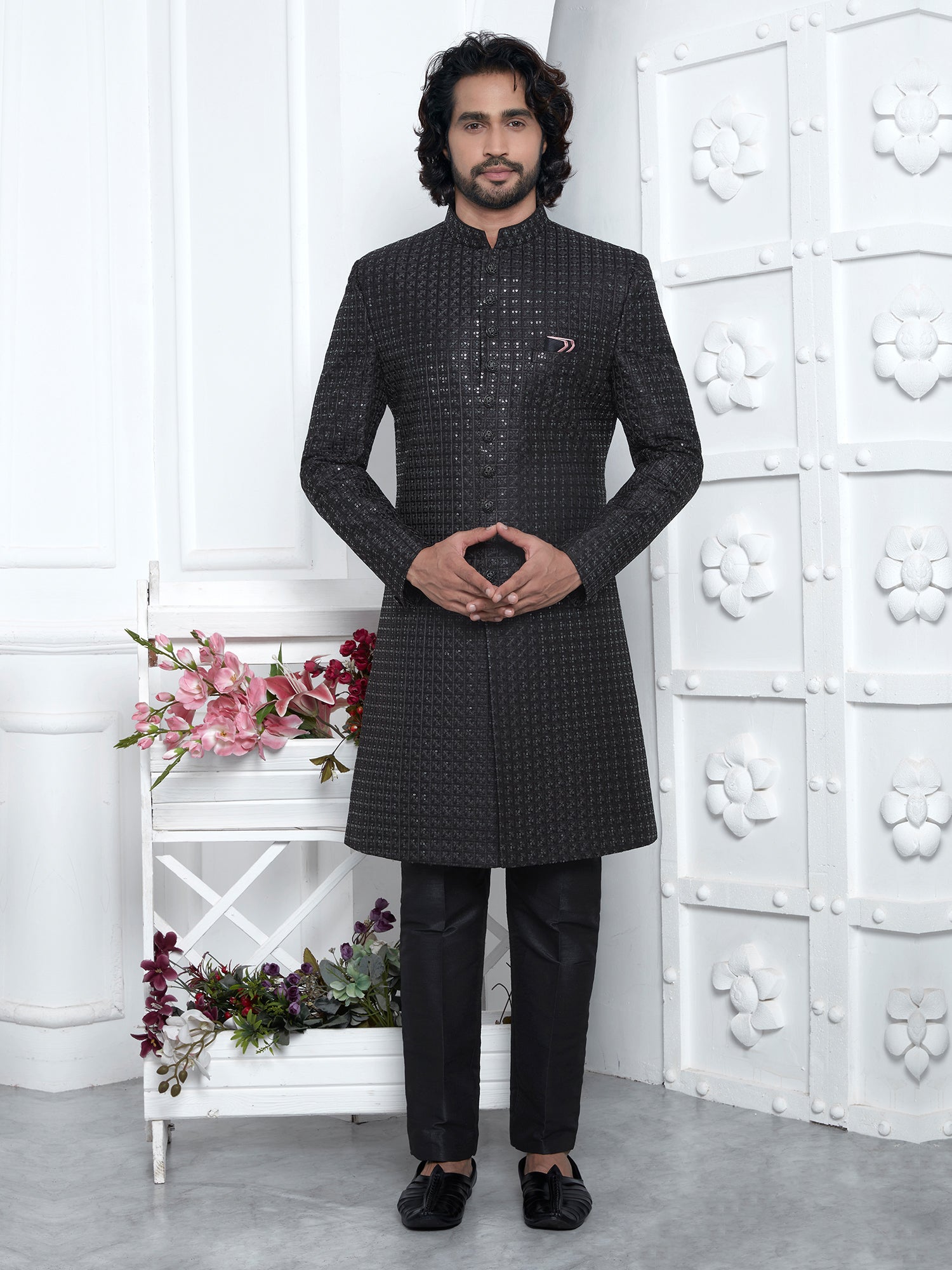 Black Heavy Embroidered Achkan Style Mens Indowestern