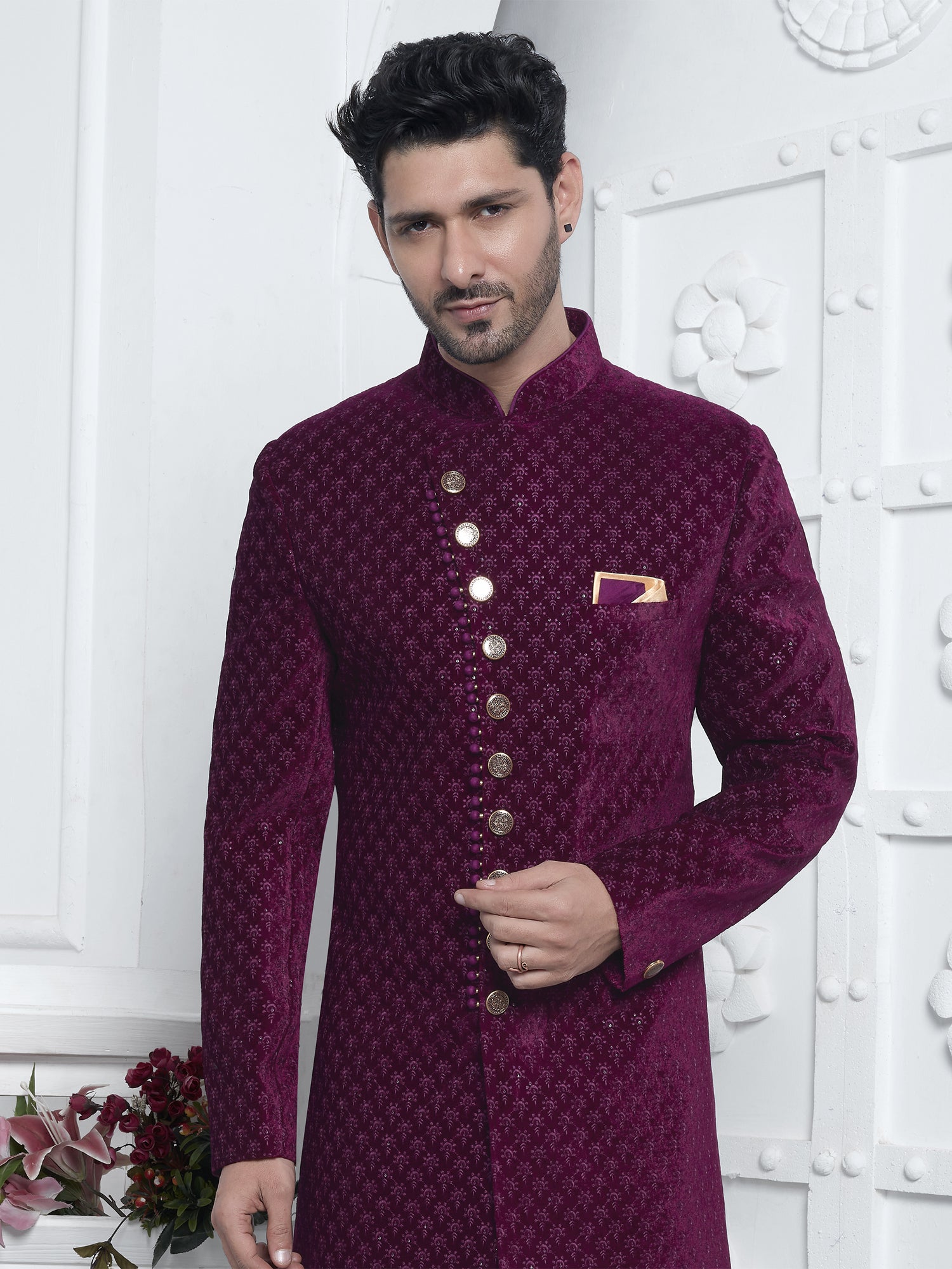 Maroon Achkan Style Velvet Indowestern For Mens