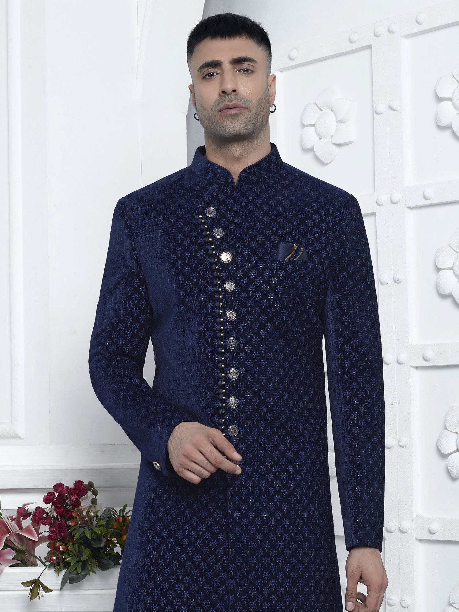 Navy Blue Velvet Achakn Style Indowestern Set For Mens