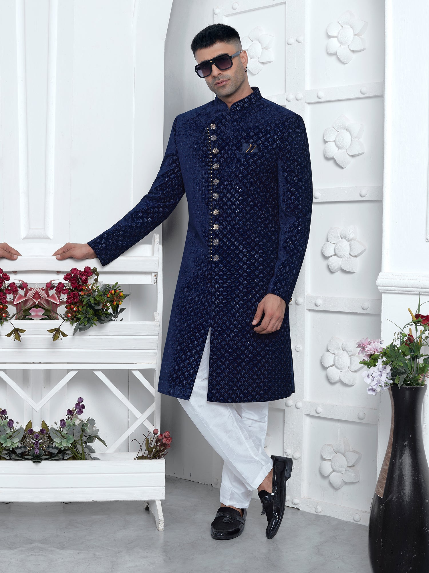 Navy Blue Velvet Achakn Style Indowestern Set For Mens