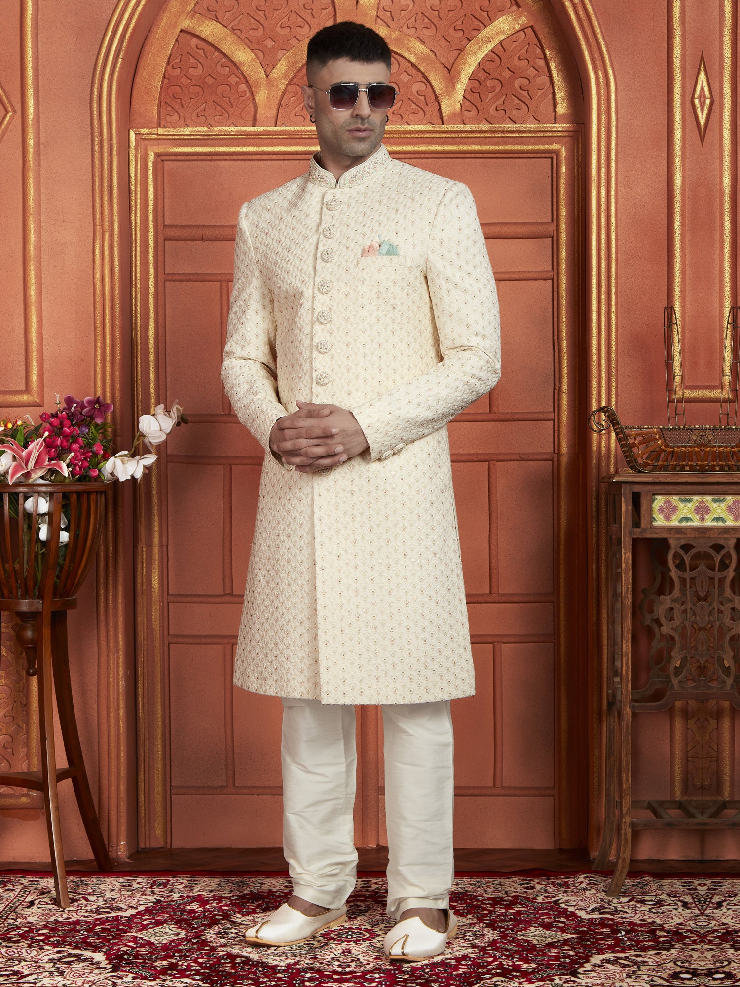 Cream Achkan Style Mens Embroidered Indowestern