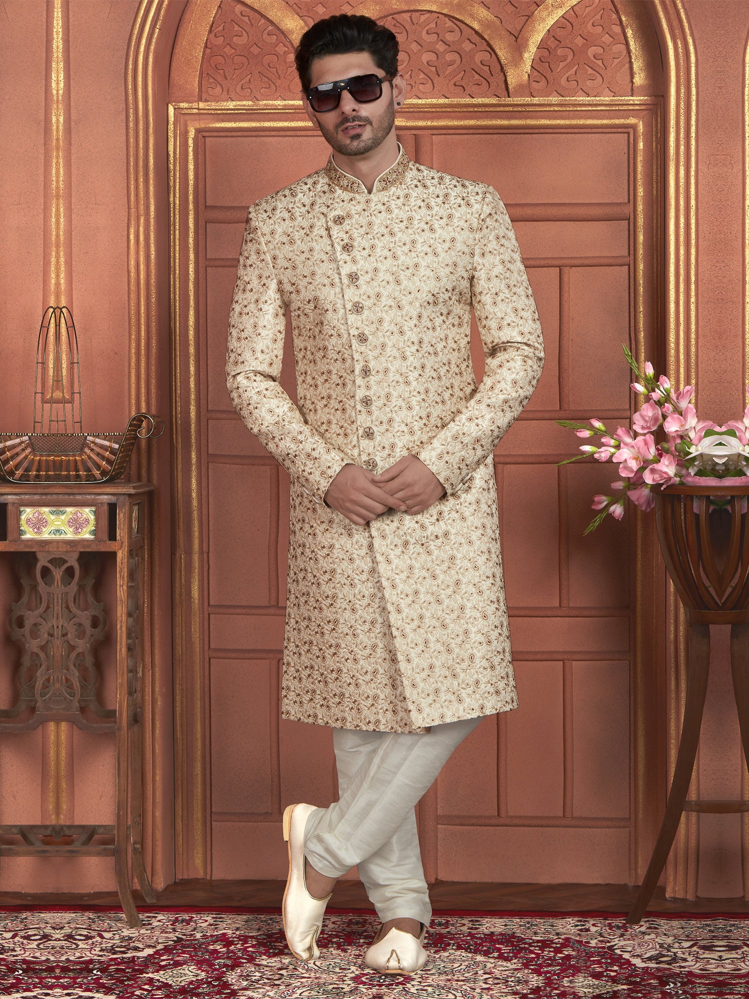 Cream Embroidered Achkan Style Indowestern Set
