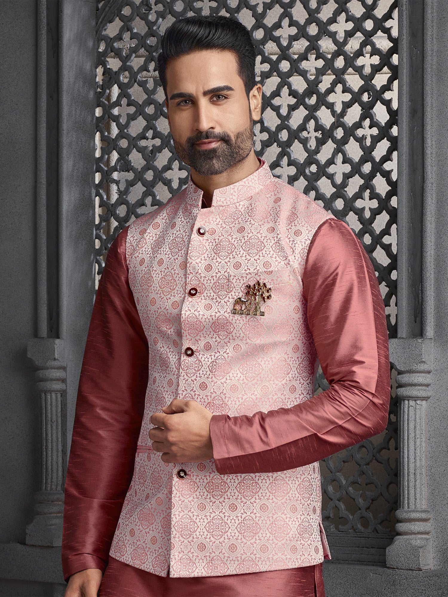 Rosewood Pink Kurta Pyjama Set With Nehru Jacket