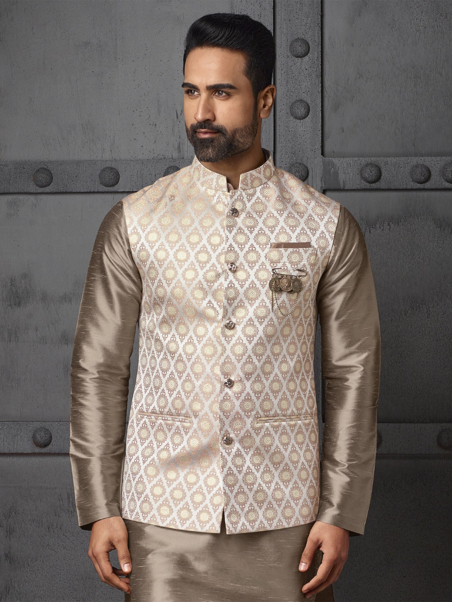 Metallic Brown Silk Kurta Pyjama Set With Nehru Jacket