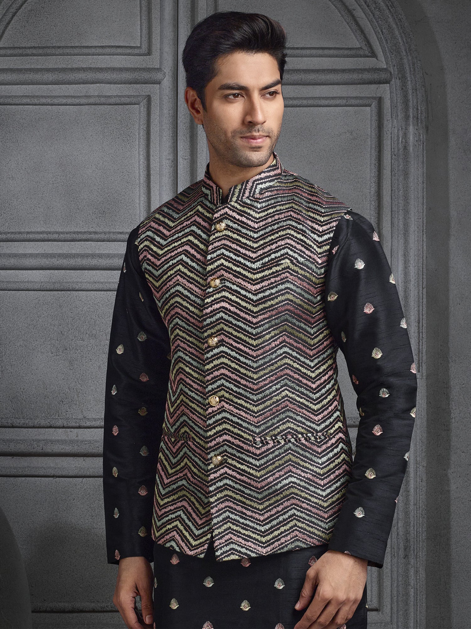 Black Silk Kurta Set With Embroidered Nehru Jacket