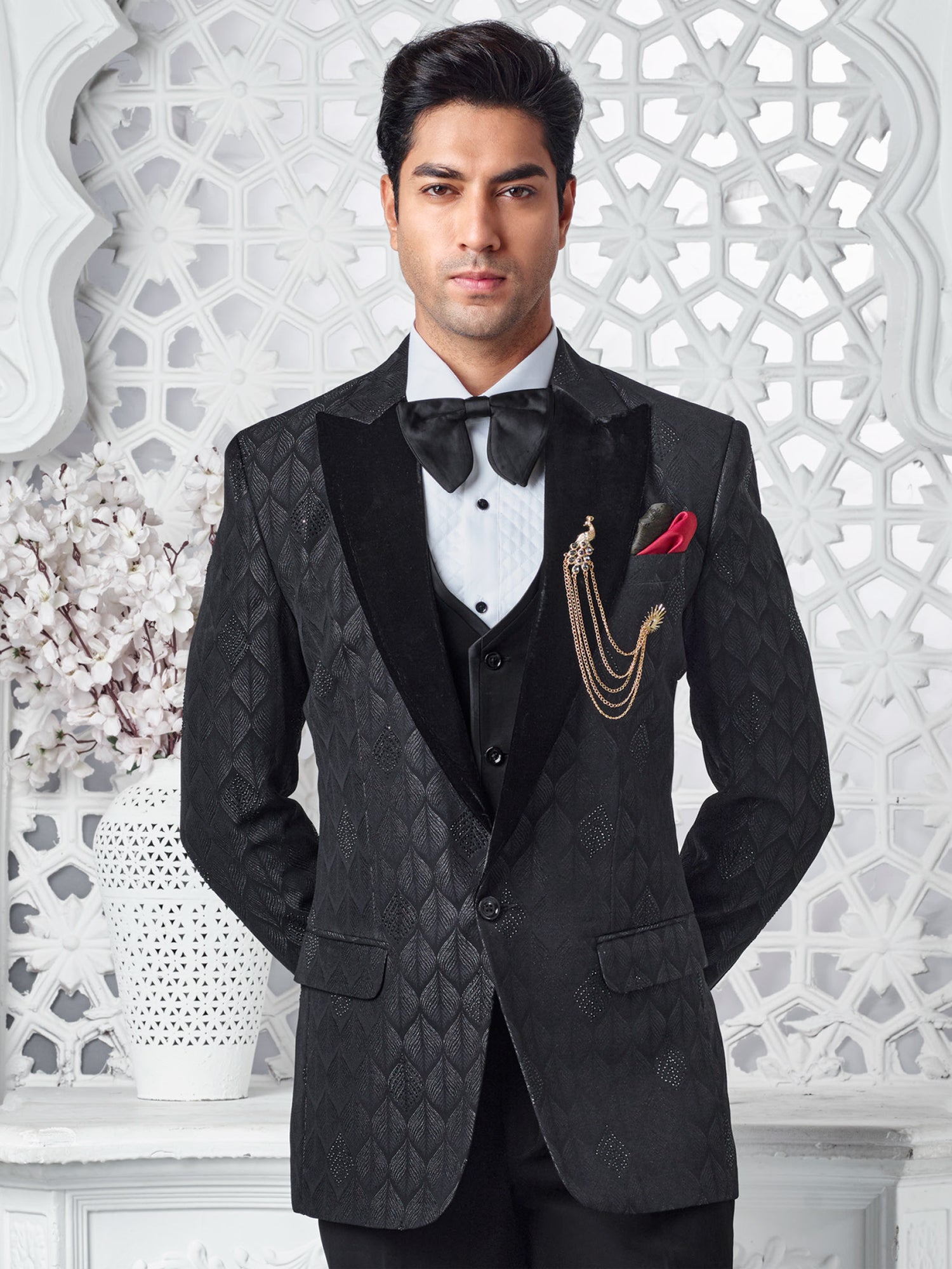 Black Mens Three Piece Tuxedo In Self Embroidery