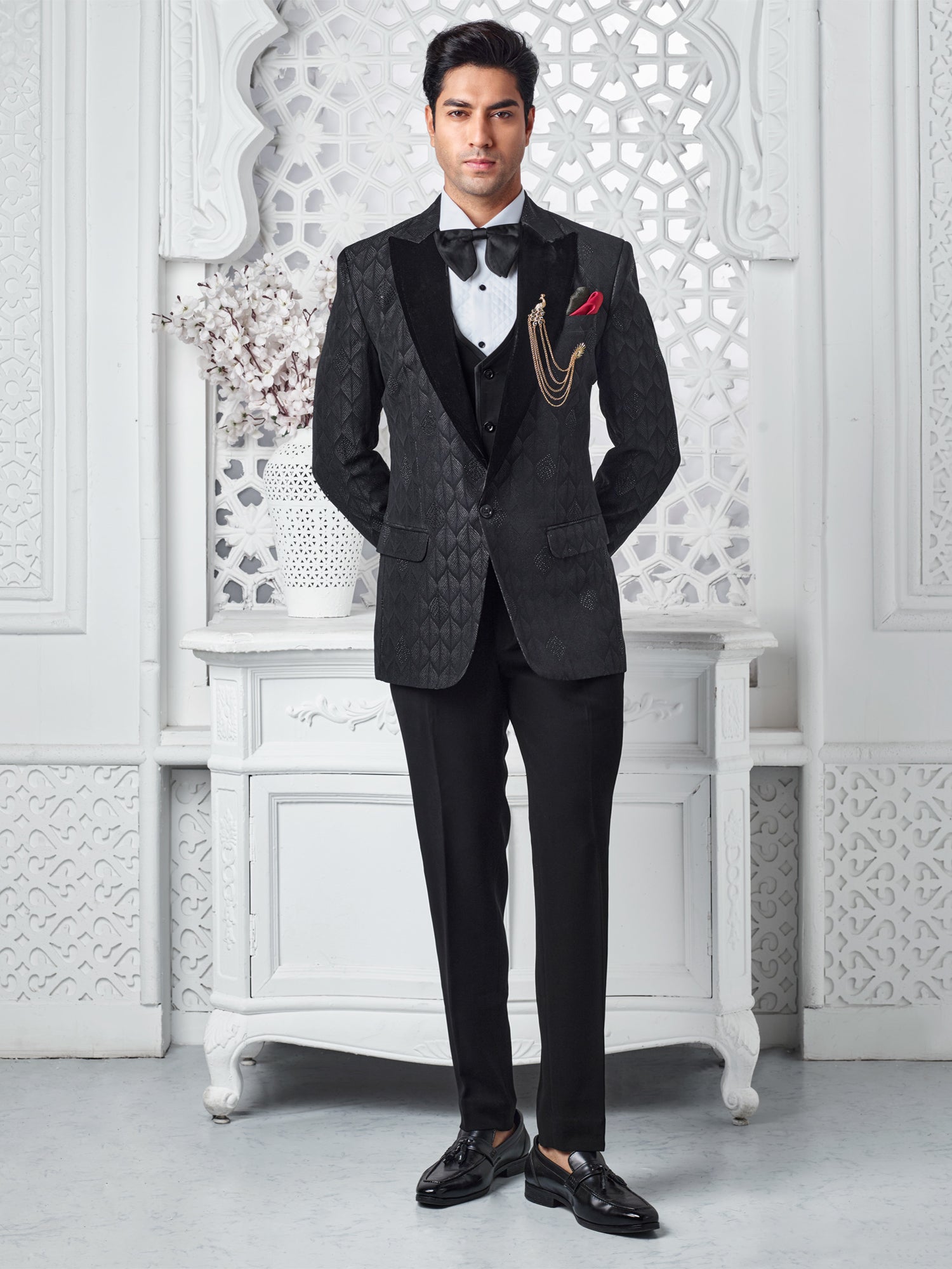 Black Mens Three Piece Tuxedo In Self Embroidery