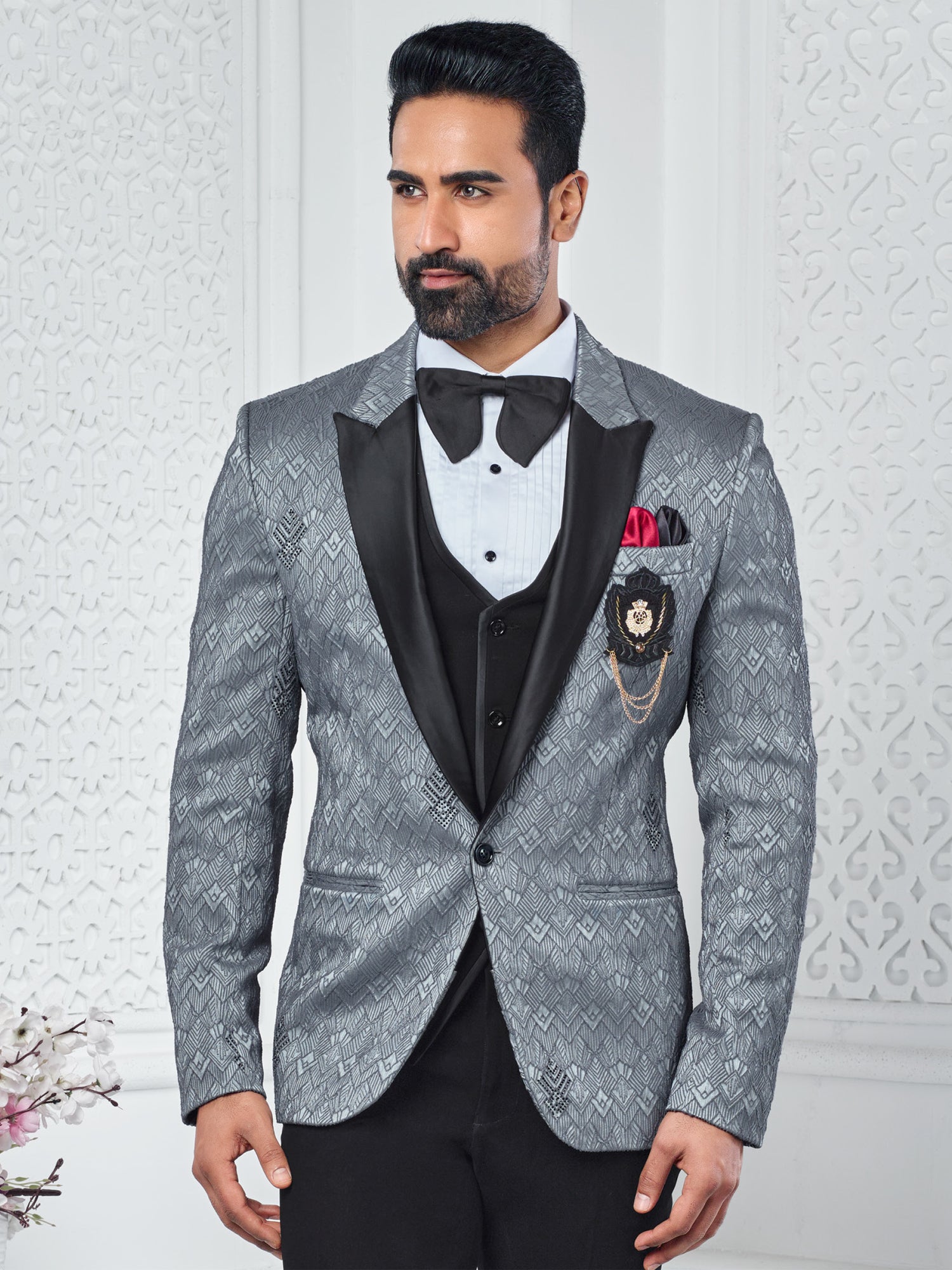 Grey Self Embroidered Three Piece Tuxedo