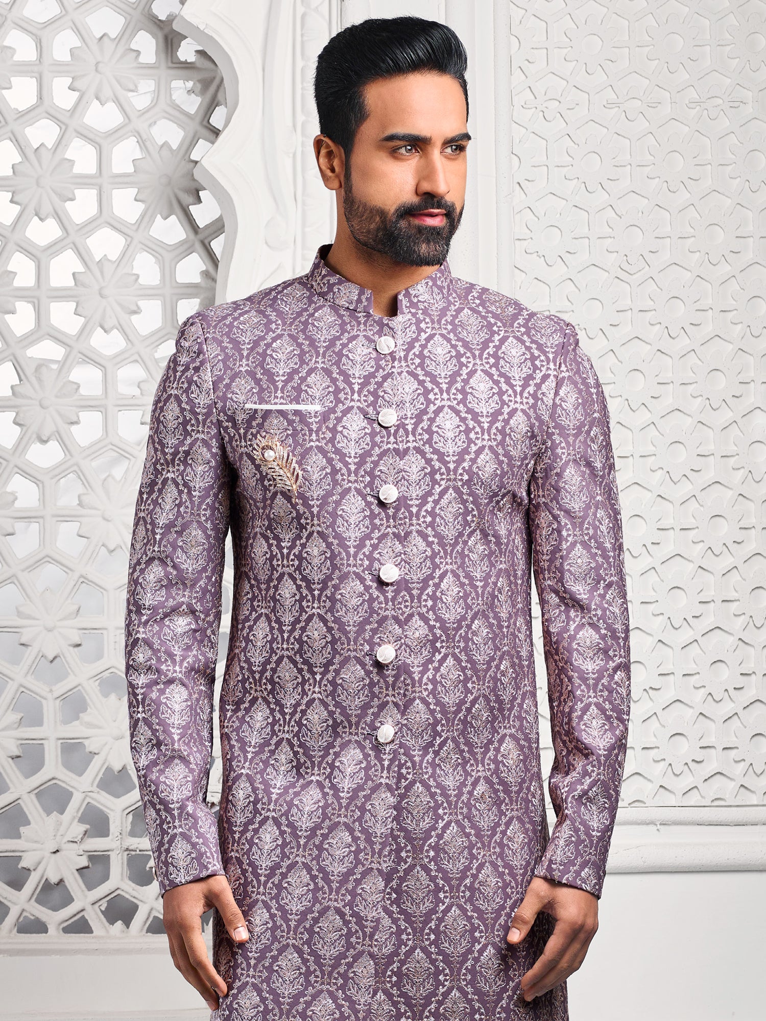 Lilac Silver Embroidered Mens Indowestern