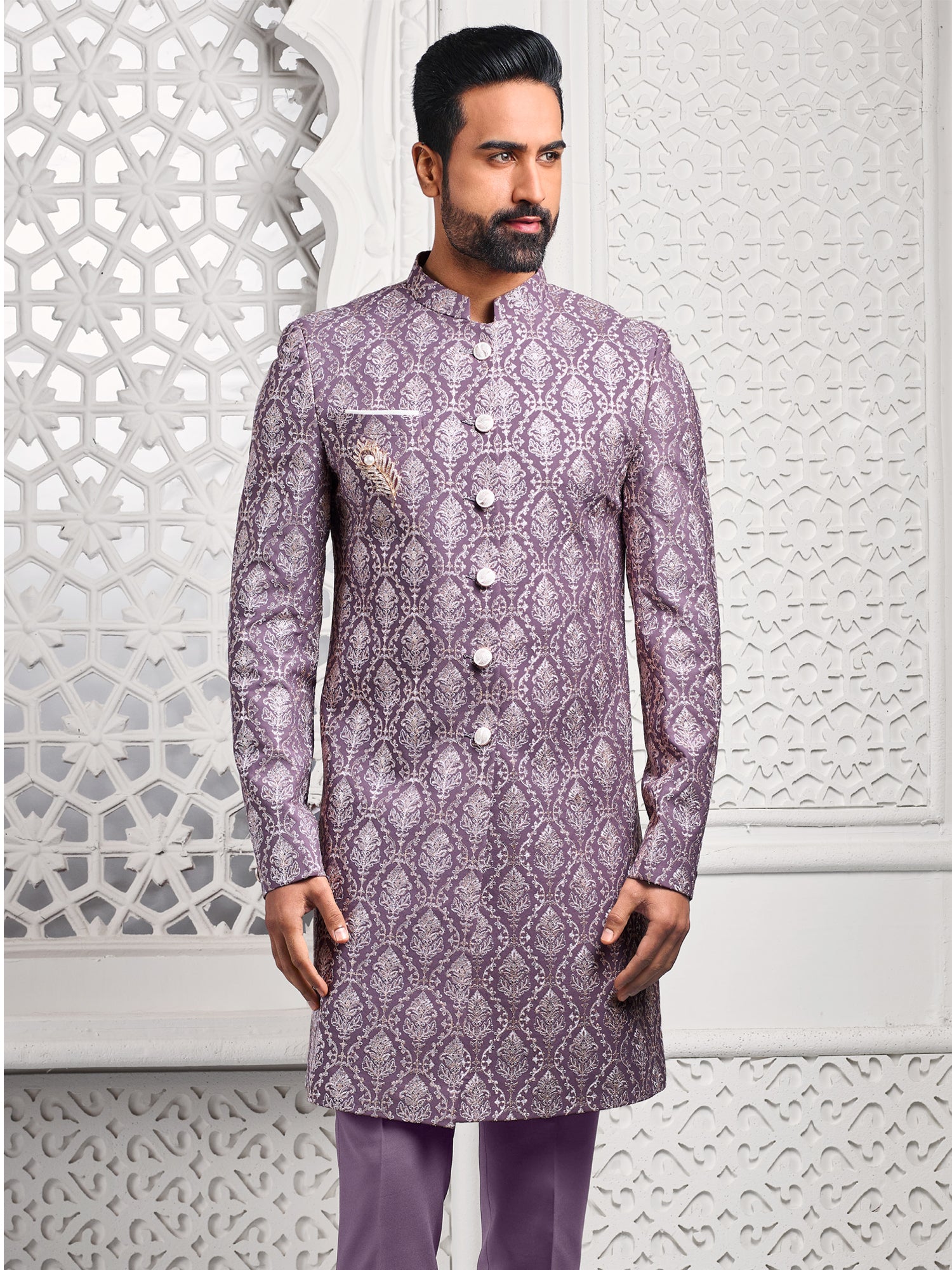 Lilac Silver Embroidered Mens Indowestern