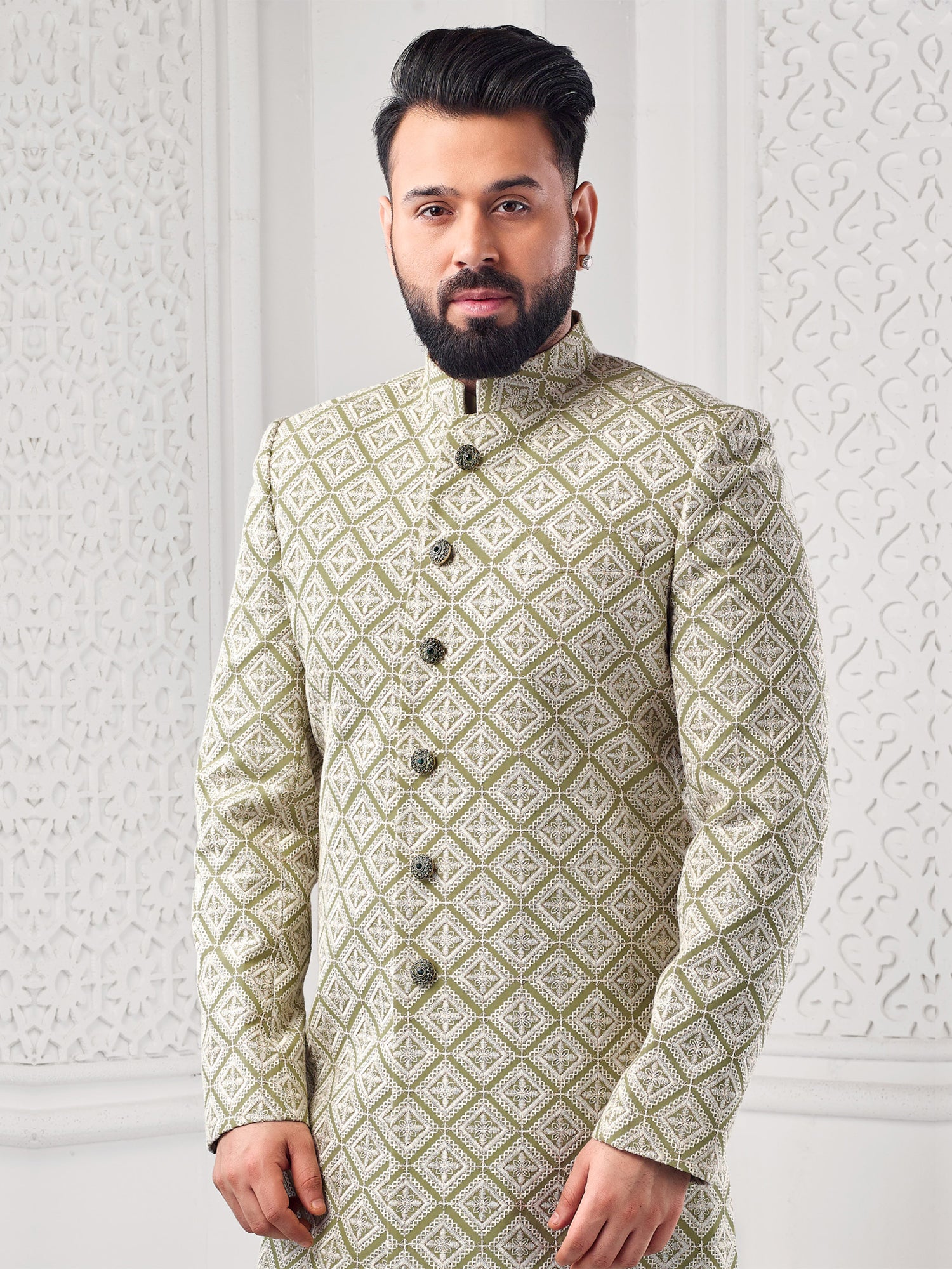 Olive Green Mens Indowestern Set In Embroidery