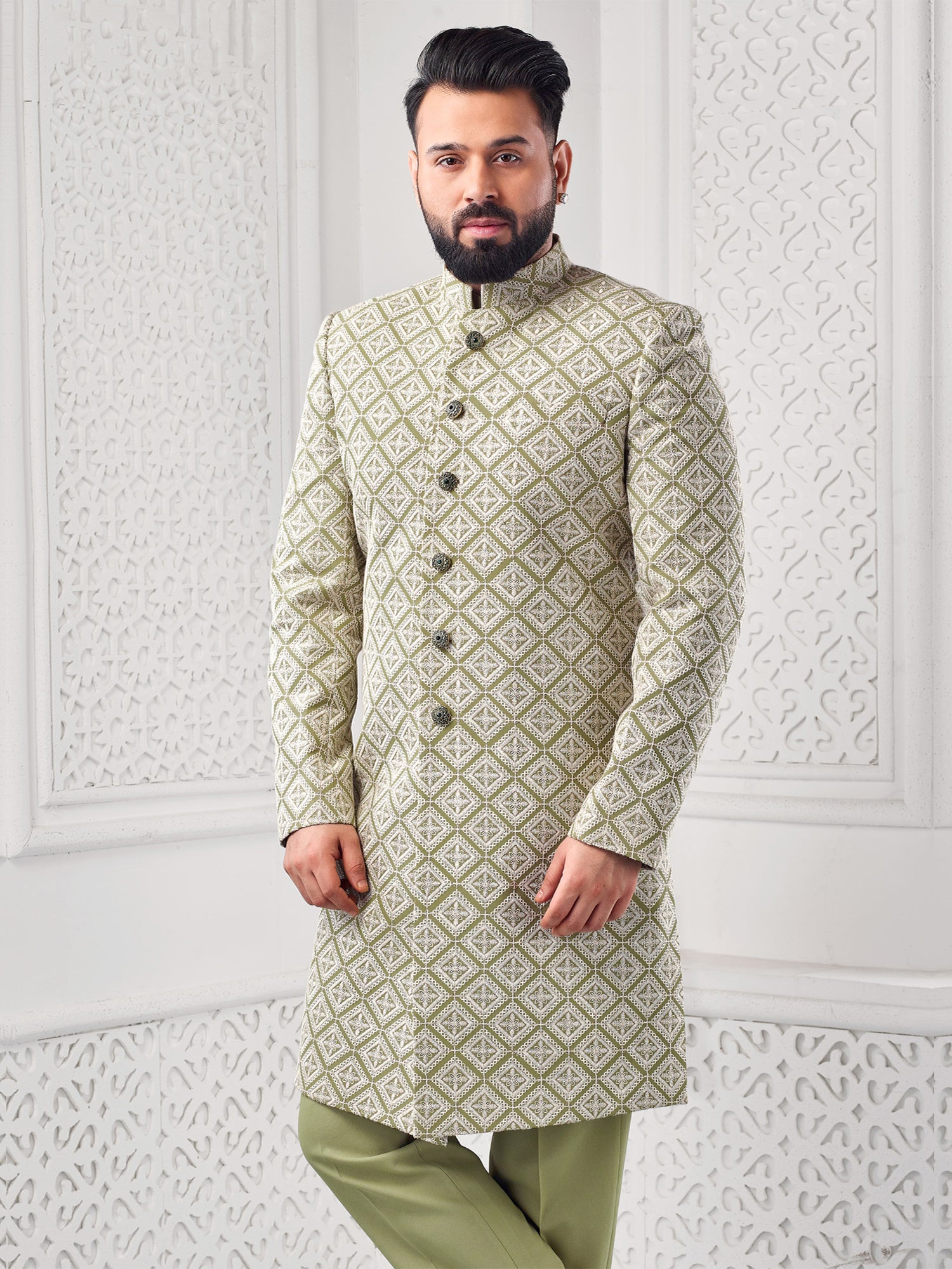 Olive Green Mens Indowestern Set In Embroidery