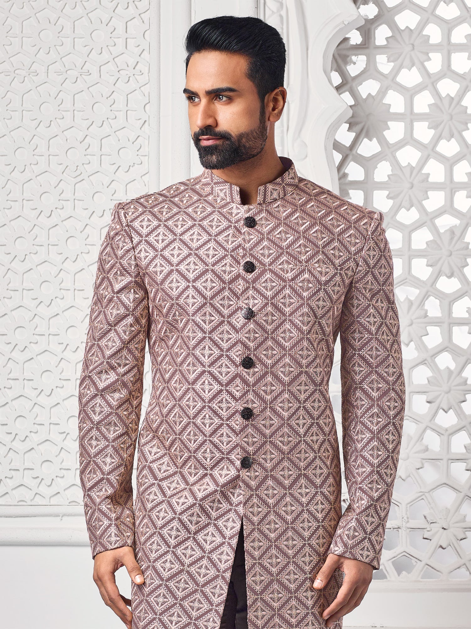 Mauve Thread Embroidered Mens Indowestern Set