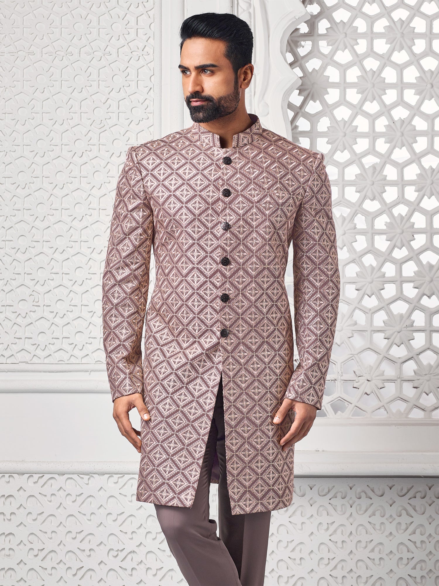 Mauve Thread Embroidered Mens Indowestern Set