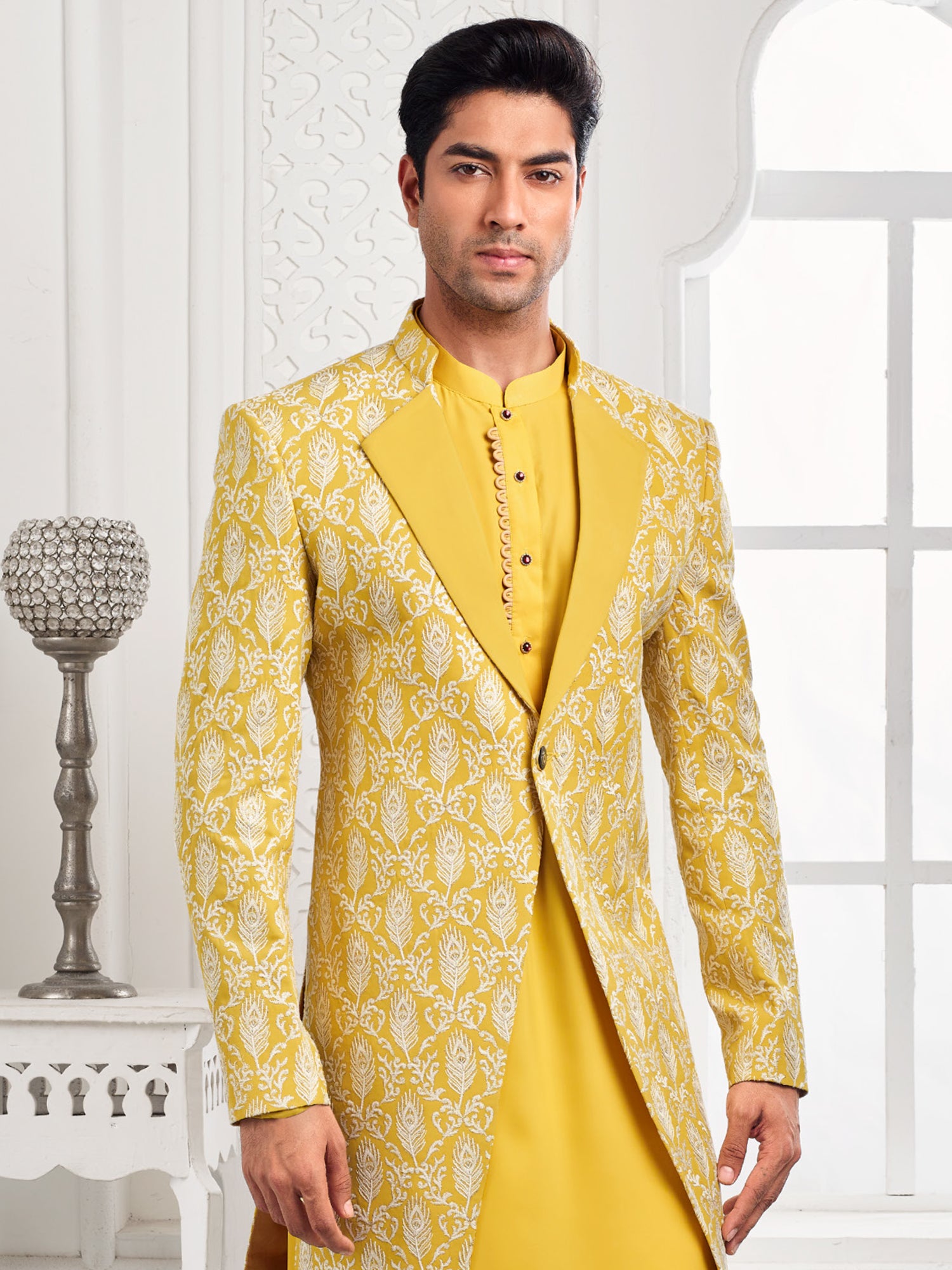 Lemon Yellow Silver Embroidered Mens Indowestern