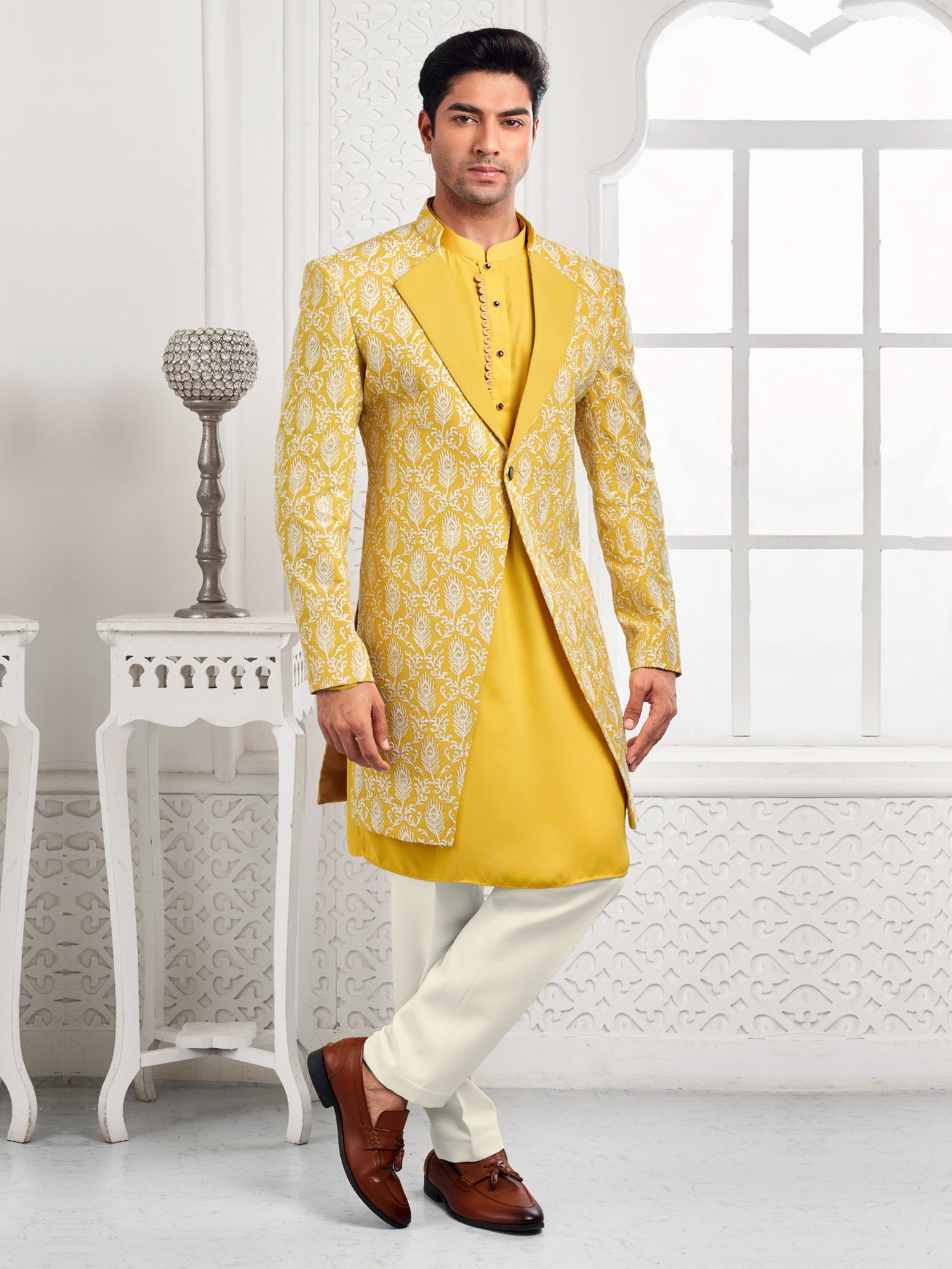 Lemon Yellow Silver Embroidered Mens Indowestern