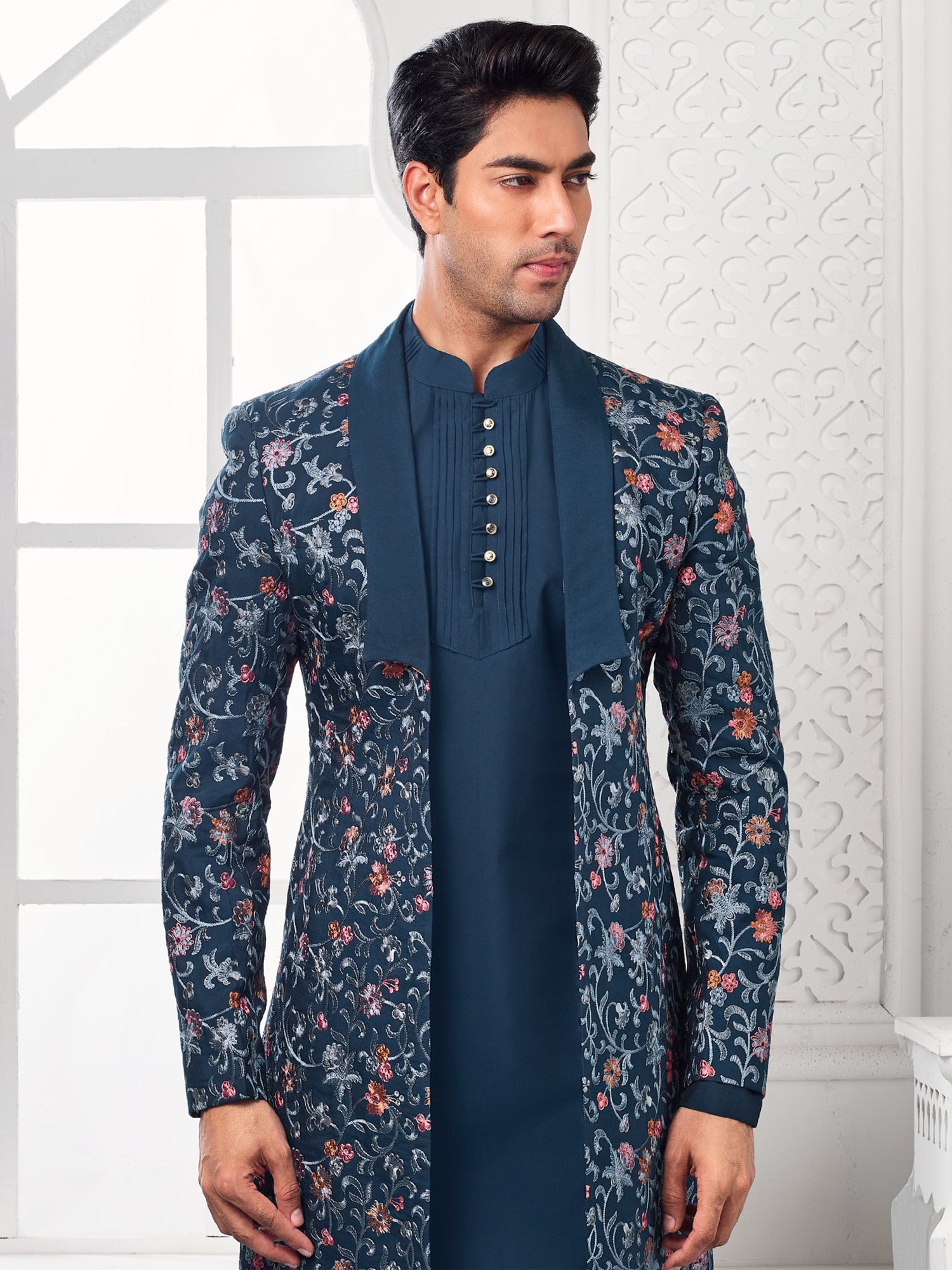 Blue Mens Indowetsern In Floral Thread Work