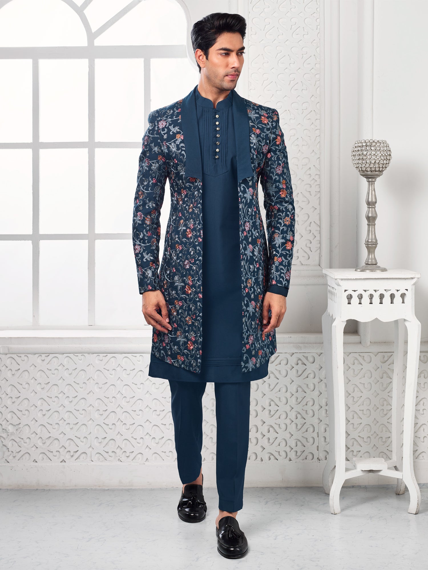 Blue Mens Indowetsern In Floral Thread Work