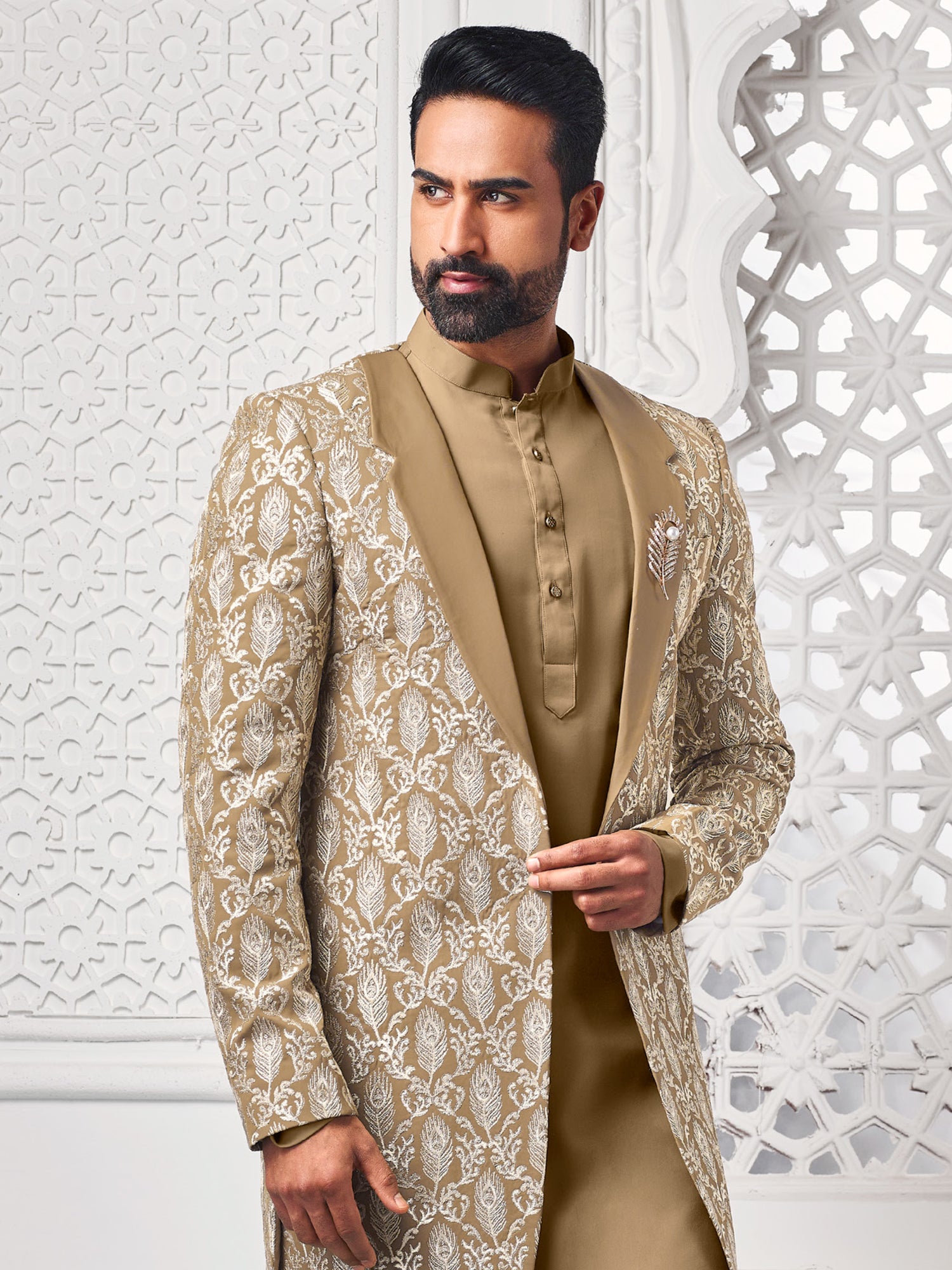 Light Brown Mens Indowestern Set With Open Jacket