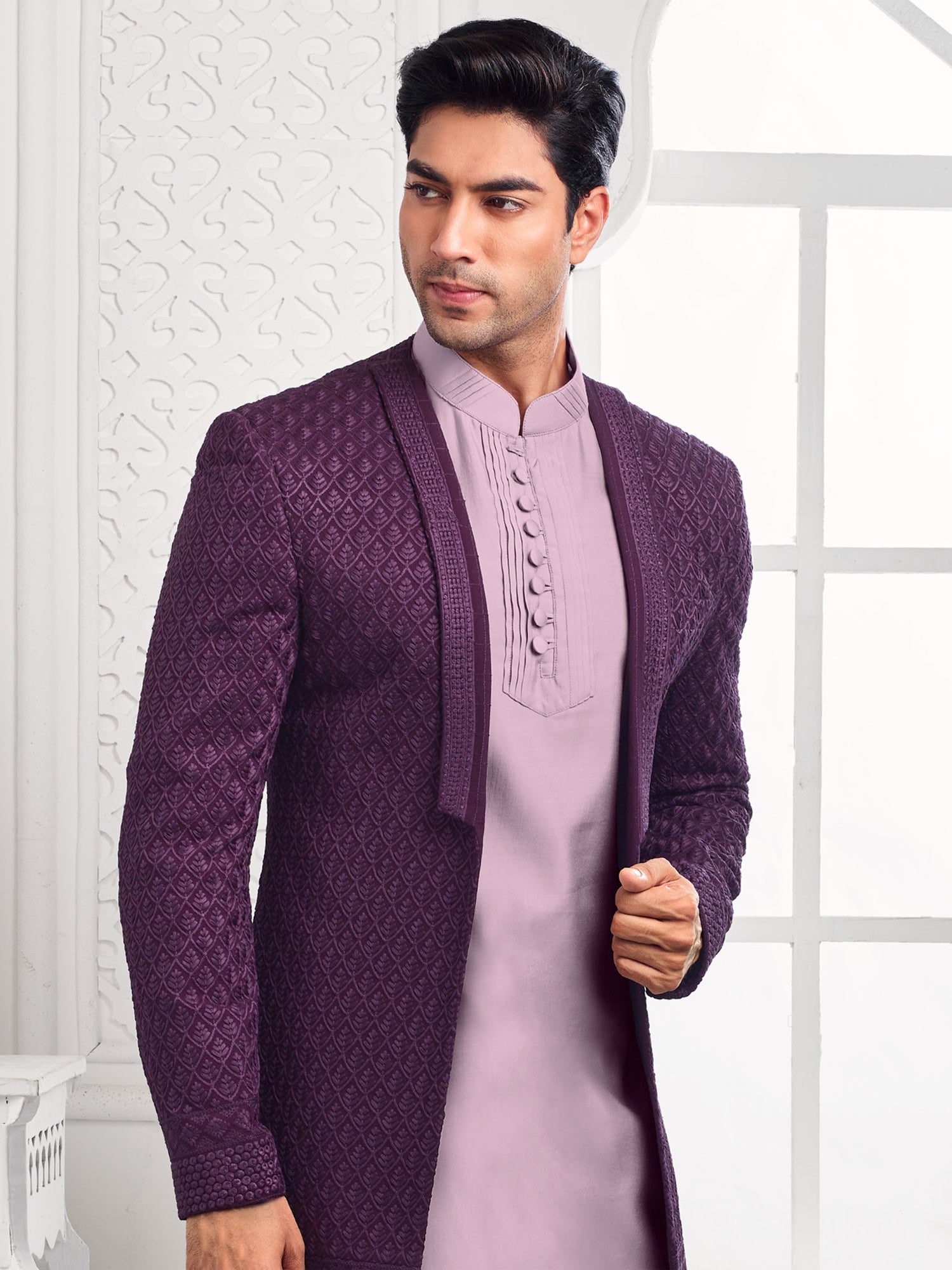Lilac Purple Mens Indowestern Set With Open Jacket