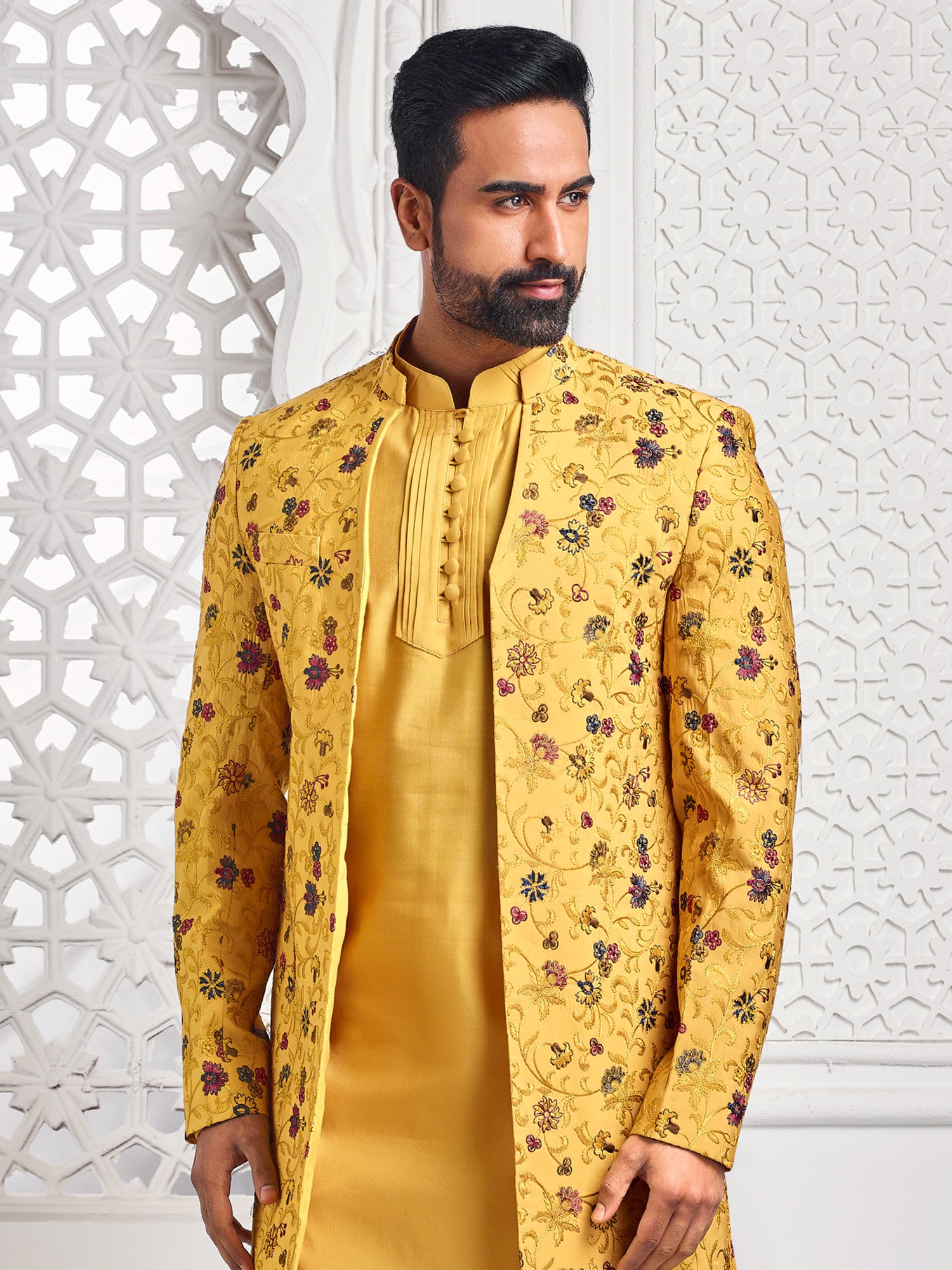 Golden Yellow Thread Woven Mens Indowestern Set