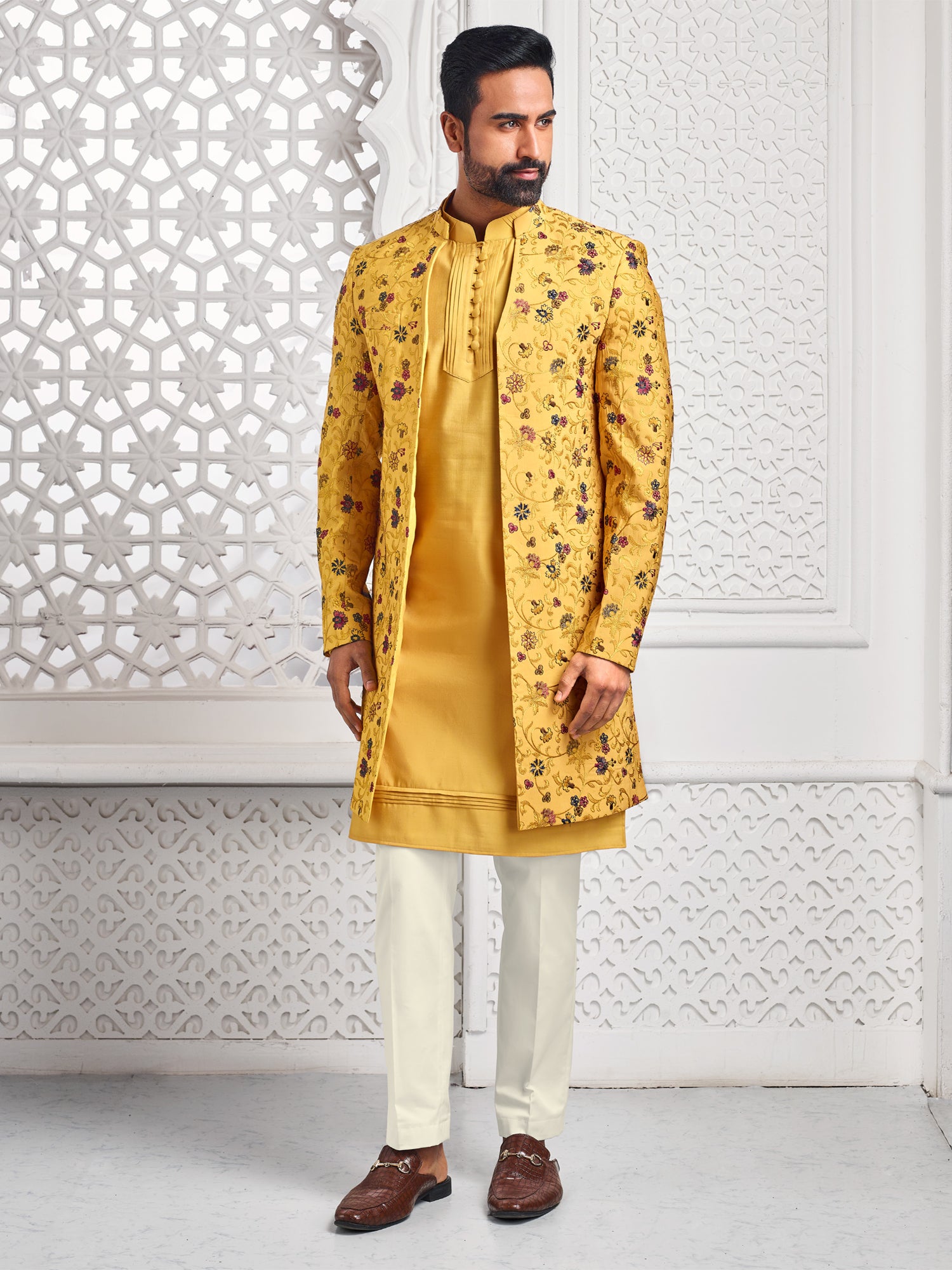Golden Yellow Thread Woven Mens Indowestern Set