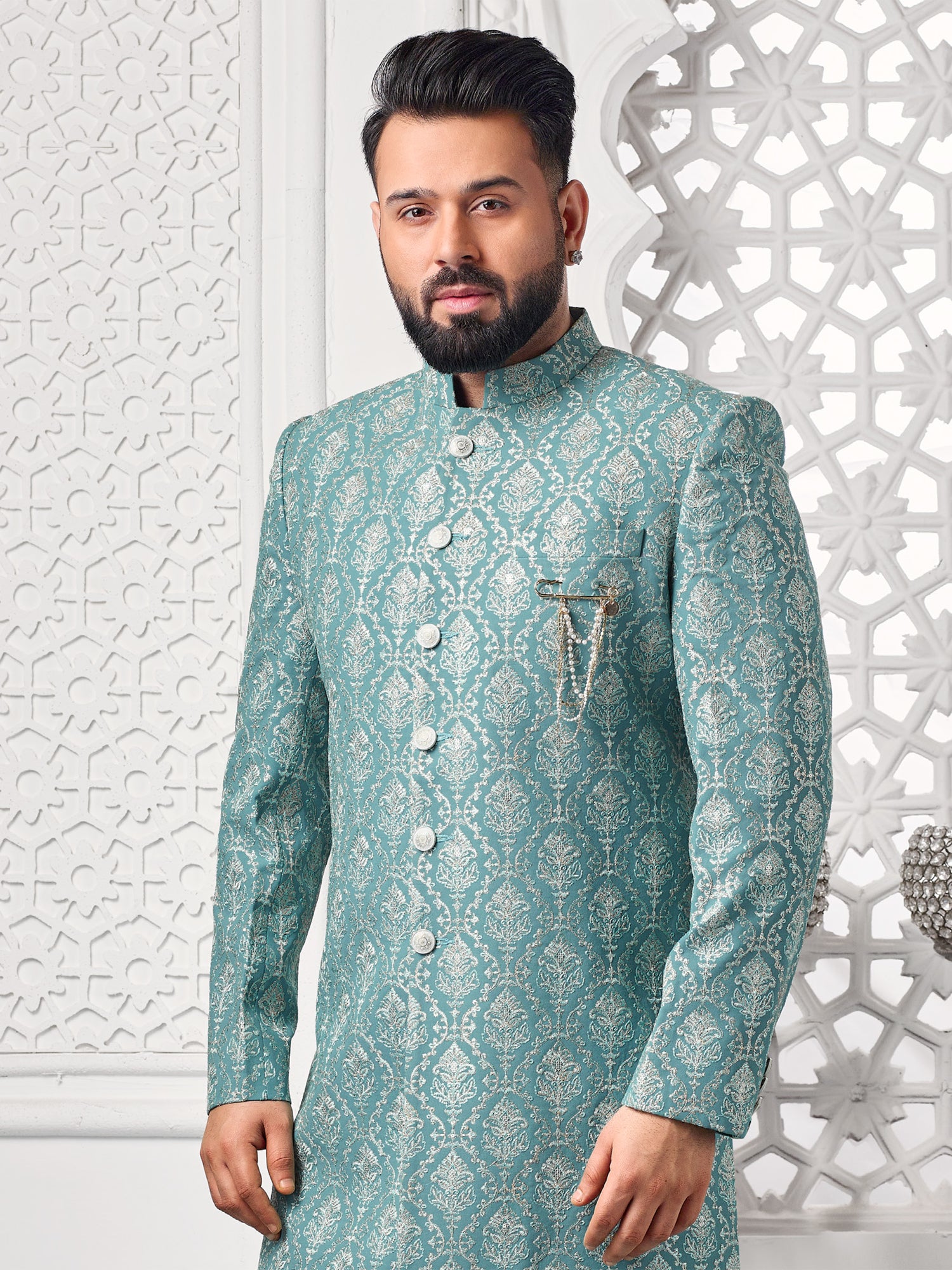Turquoise Mens Indowestern Set In Silver Weaving