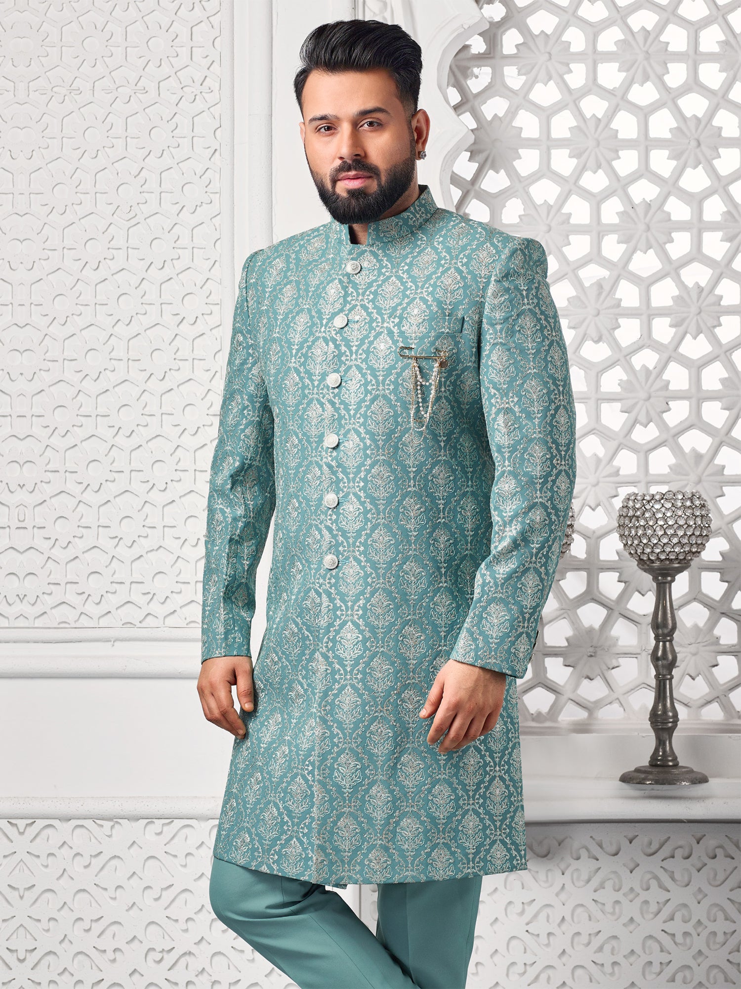Turquoise Mens Indowestern Set In Silver Weaving