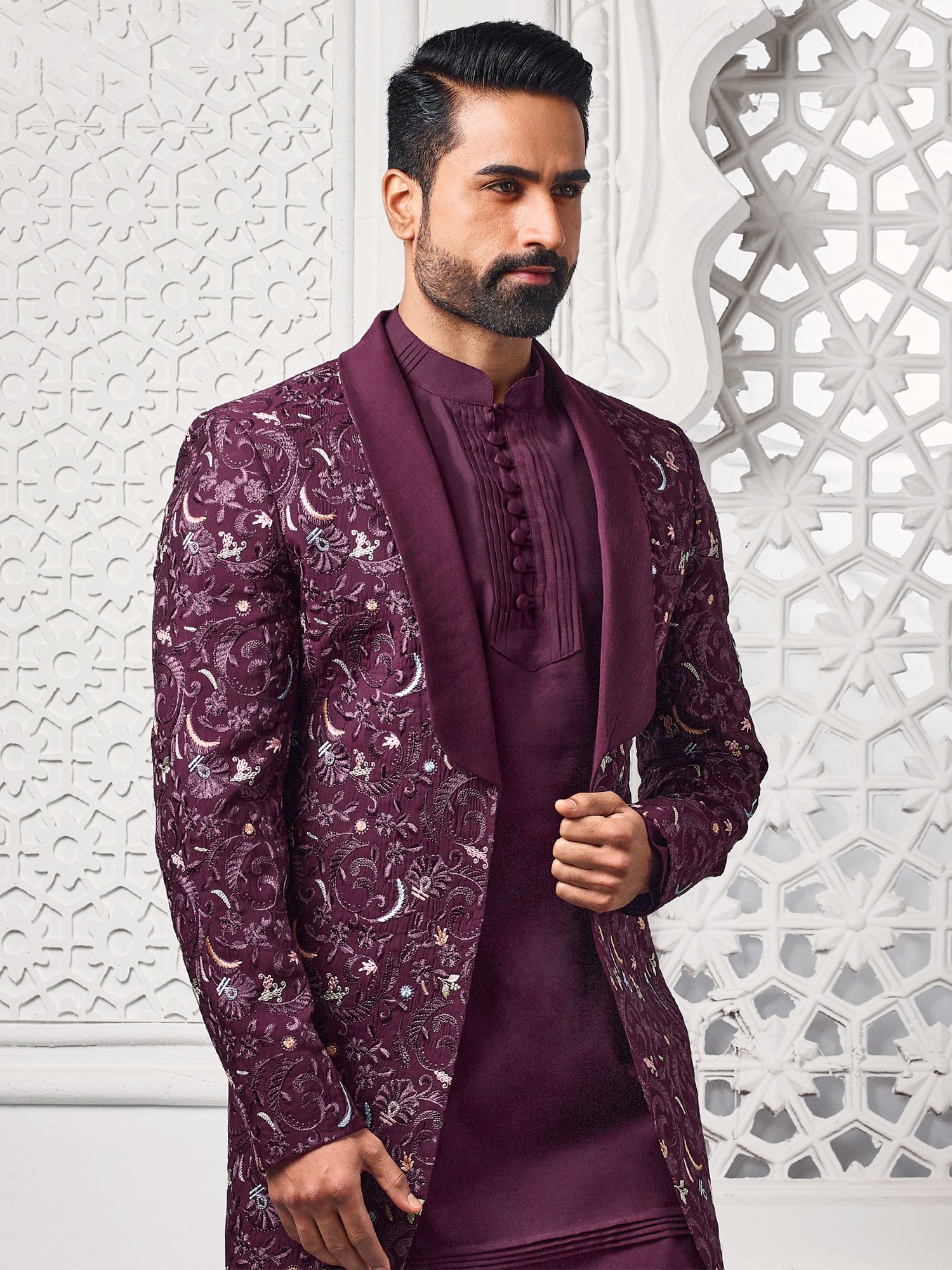 Wine Floral Thread Work Enhanced Mens Indowestern