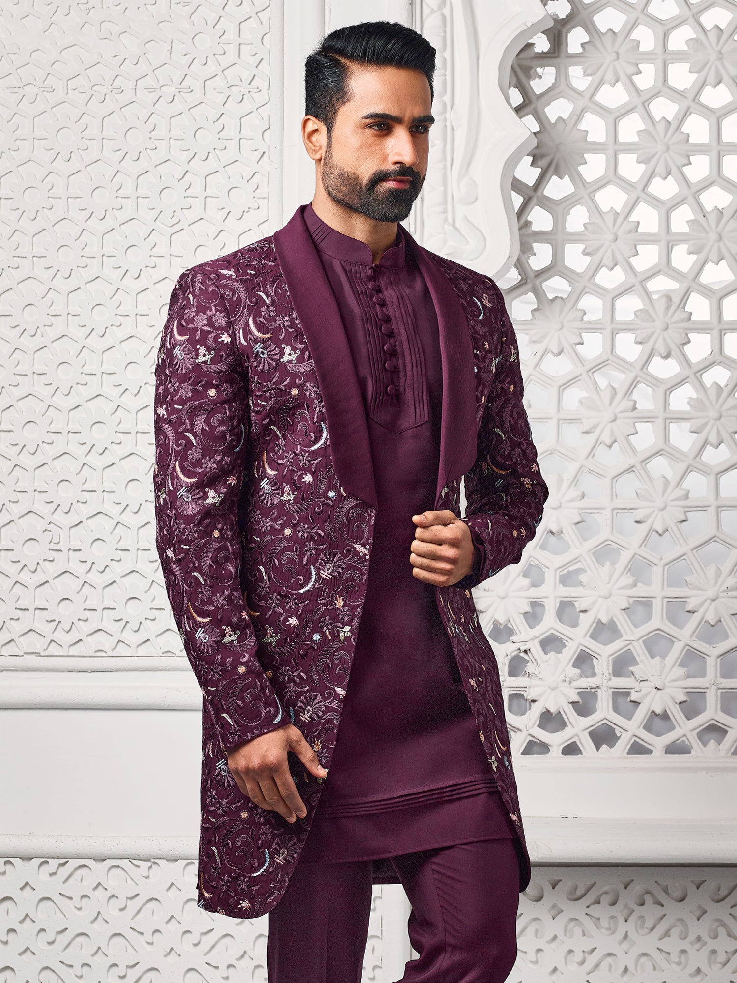 Wine Floral Thread Work Enhanced Mens Indowestern