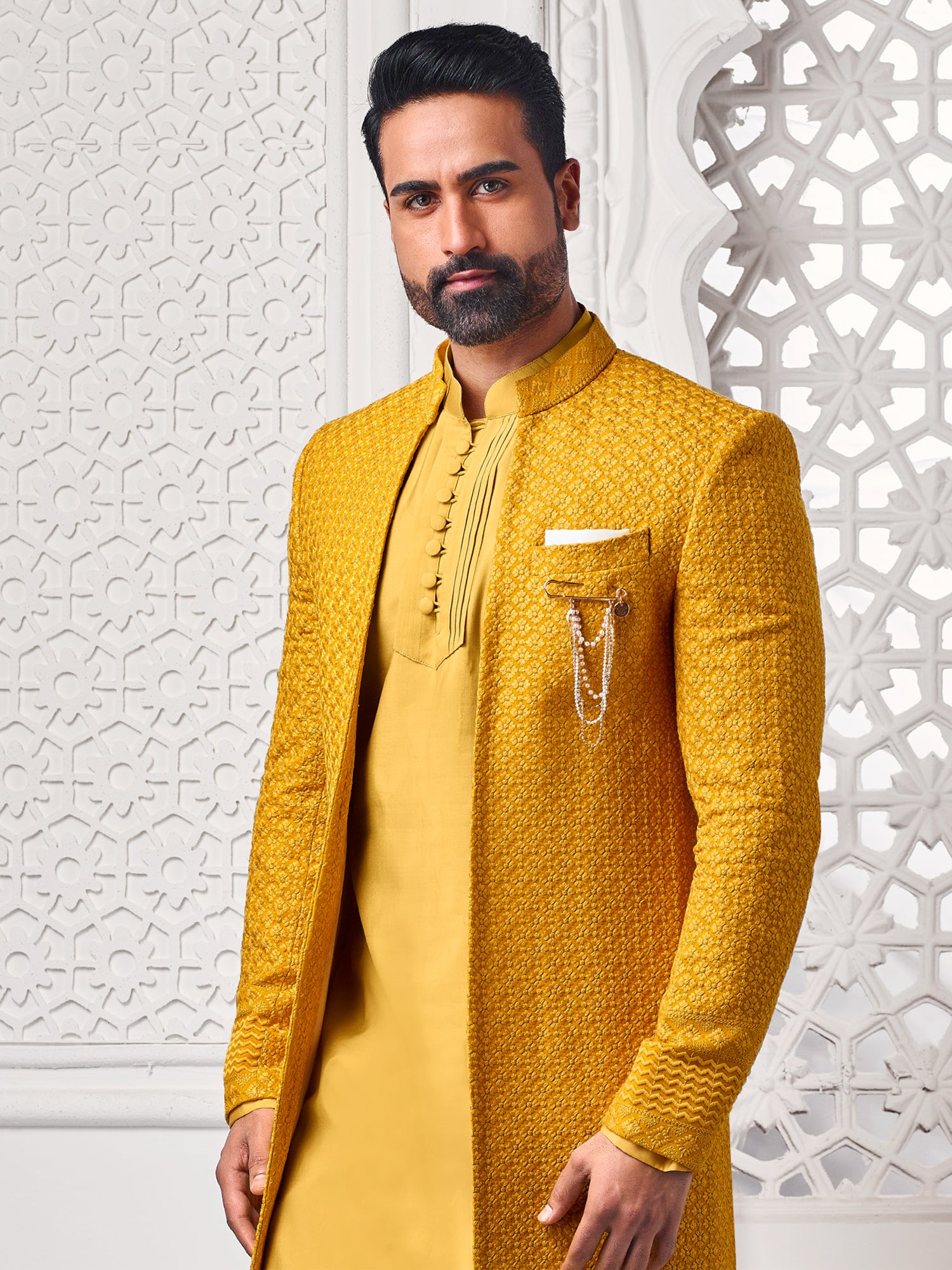 Yellow Festive Wear Floral Embroidered Indowestern Set