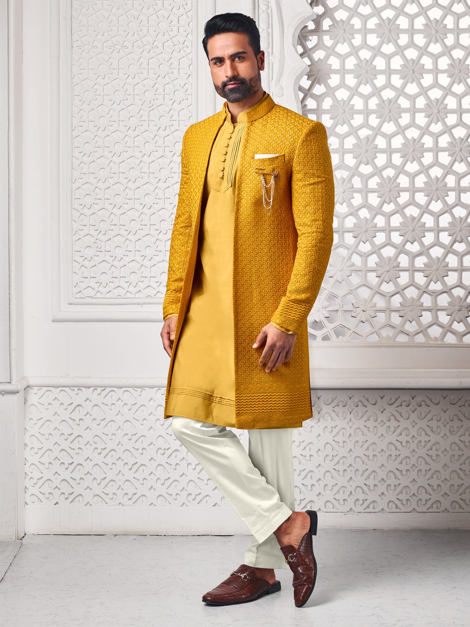 Yellow Festive Wear Floral Embroidered Indowestern Set