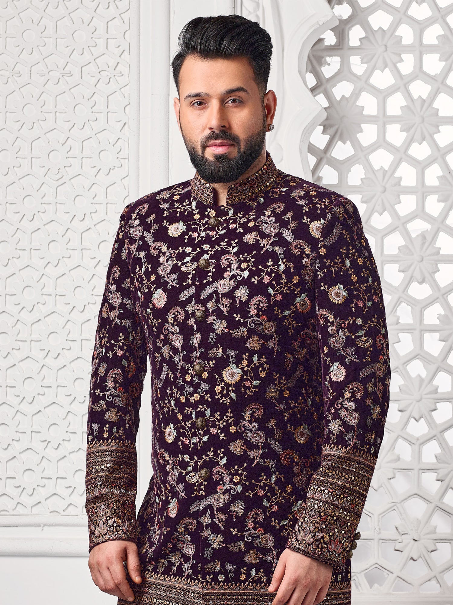 Maroon Wedding Wear Zari Embroidered Mens Indowestern