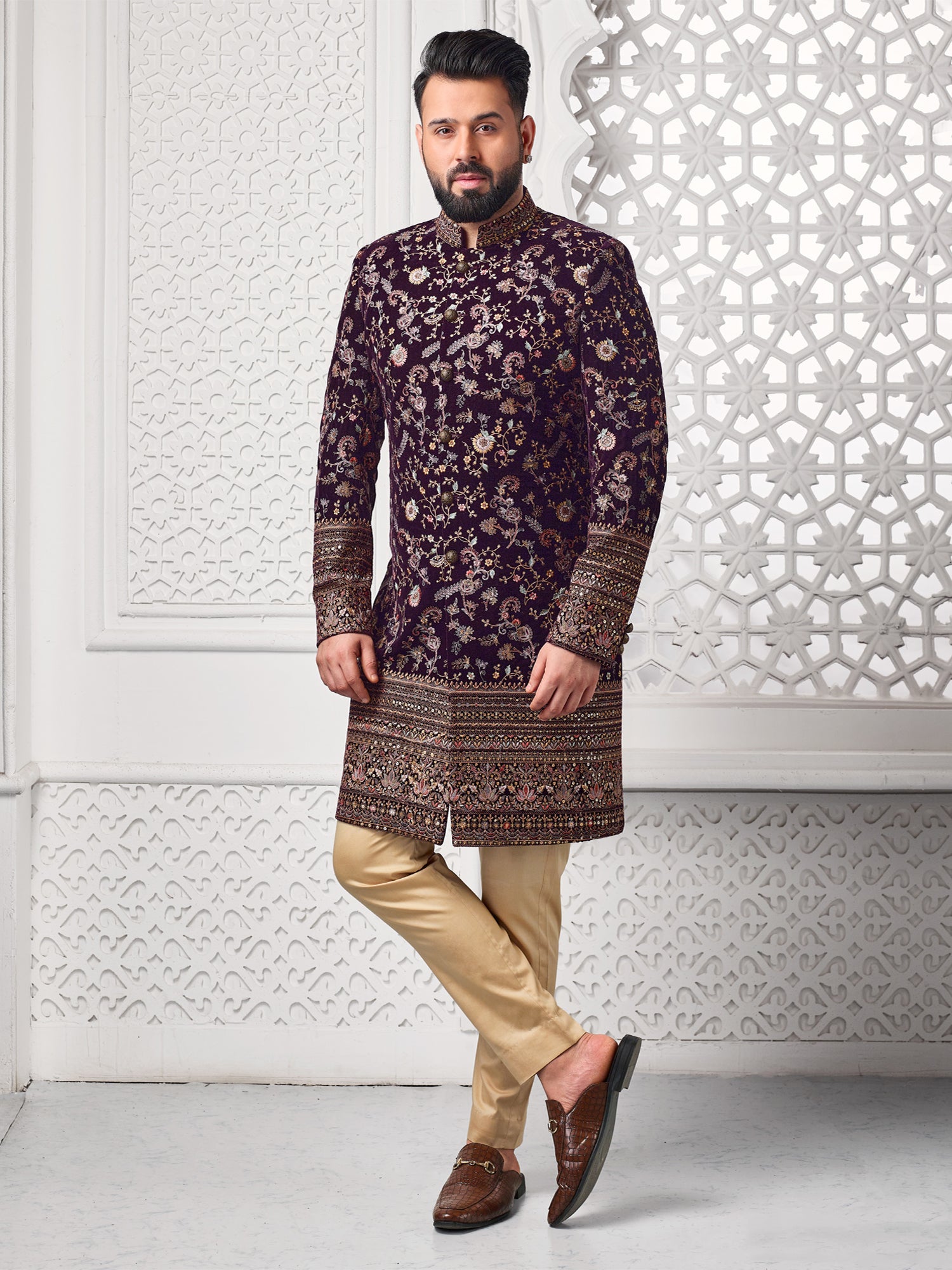 Maroon Wedding Wear Zari Embroidered Mens Indowestern