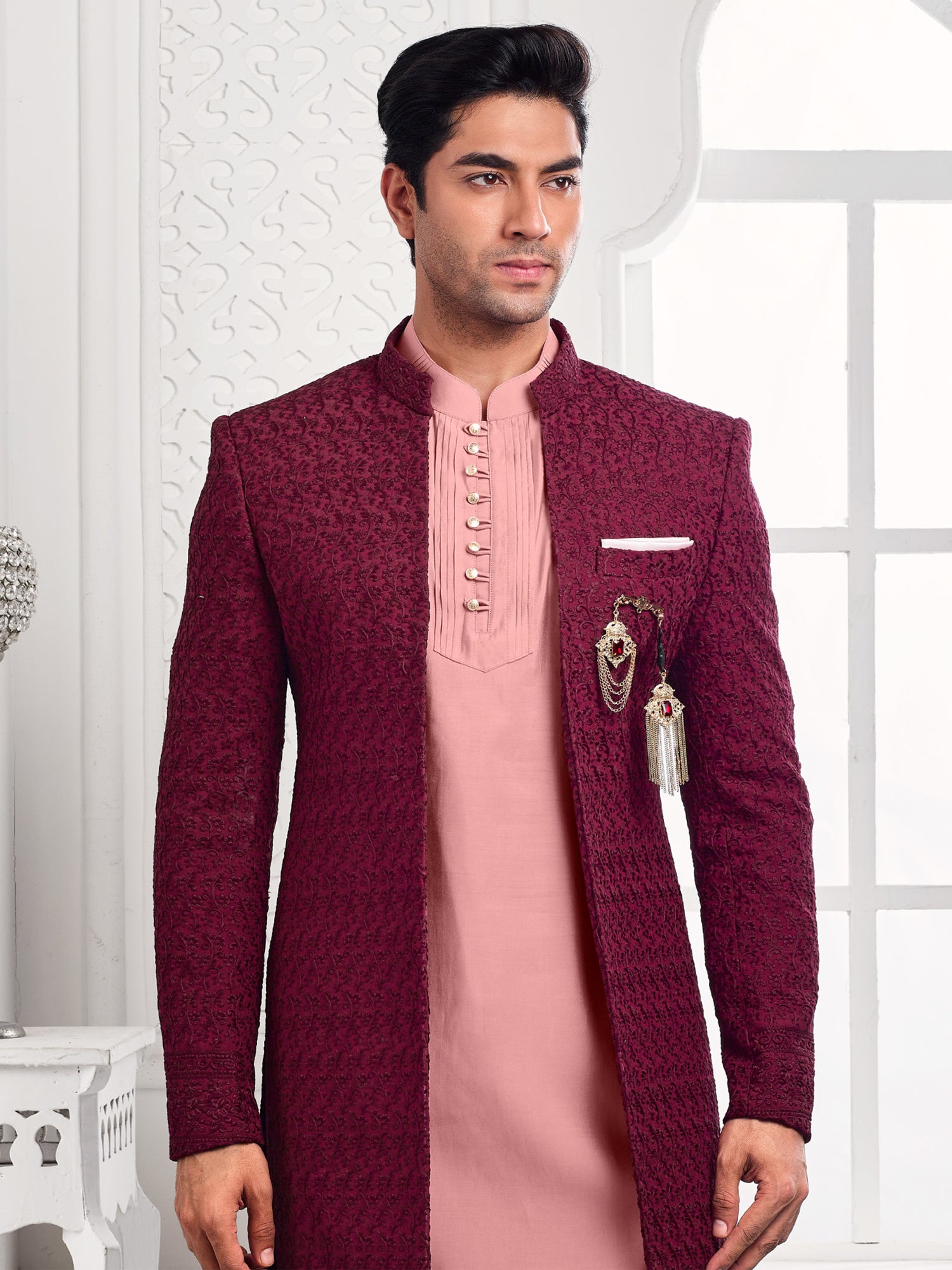 Pink Mens Wedding Wear Indowestern Set With Jacket