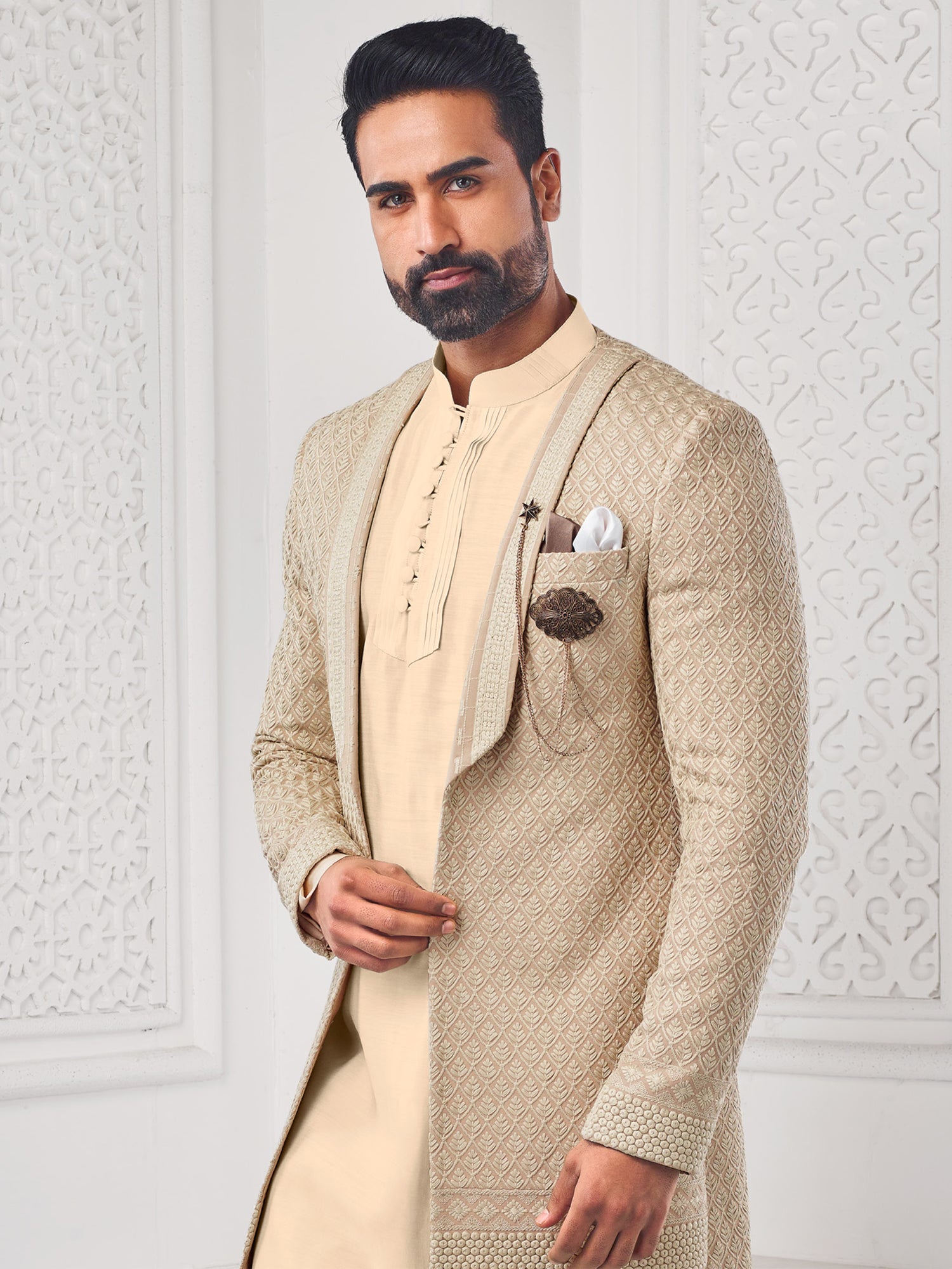 Beige Self Embroidered Mens Indowestern Set