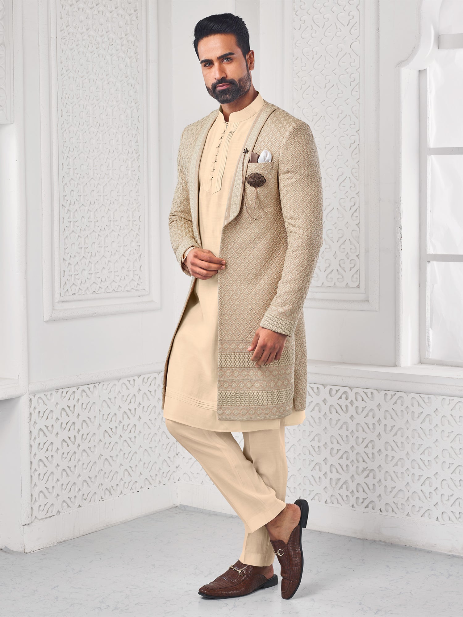 Beige Self Embroidered Mens Indowestern Set