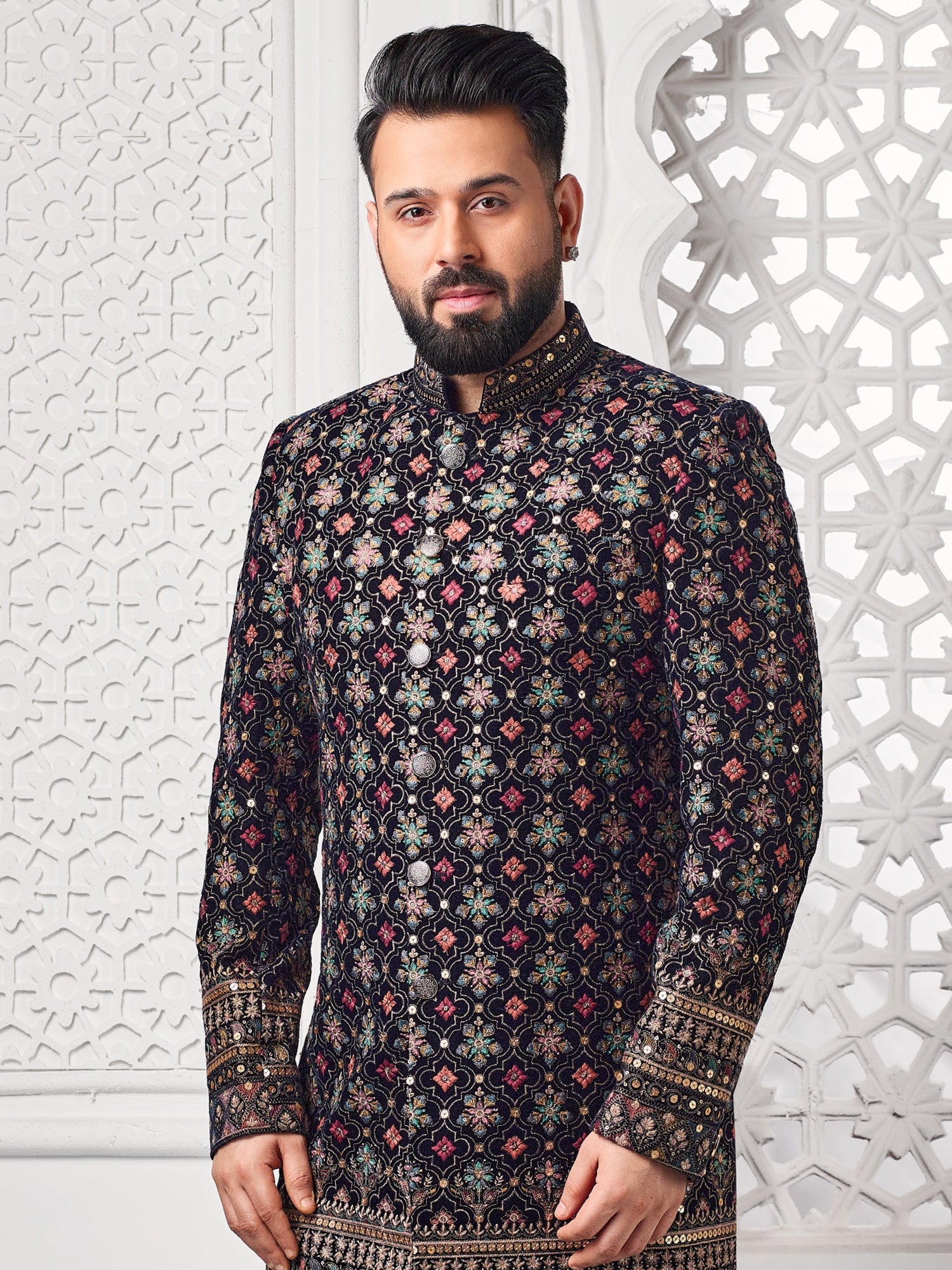 Black Zari Embroidered Indowestern Set For Mens