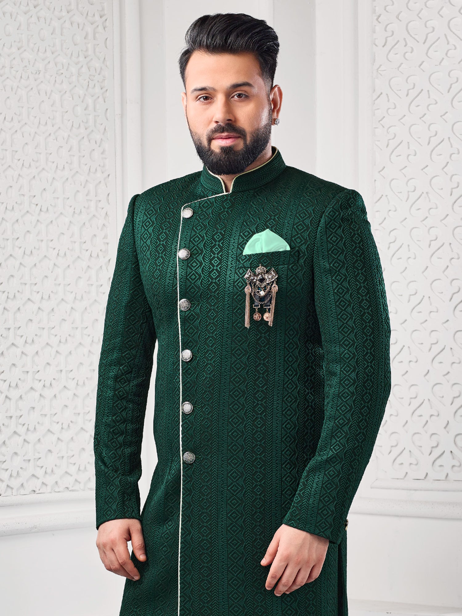 Dark Green Mens Self Embroidered Indowestern Set