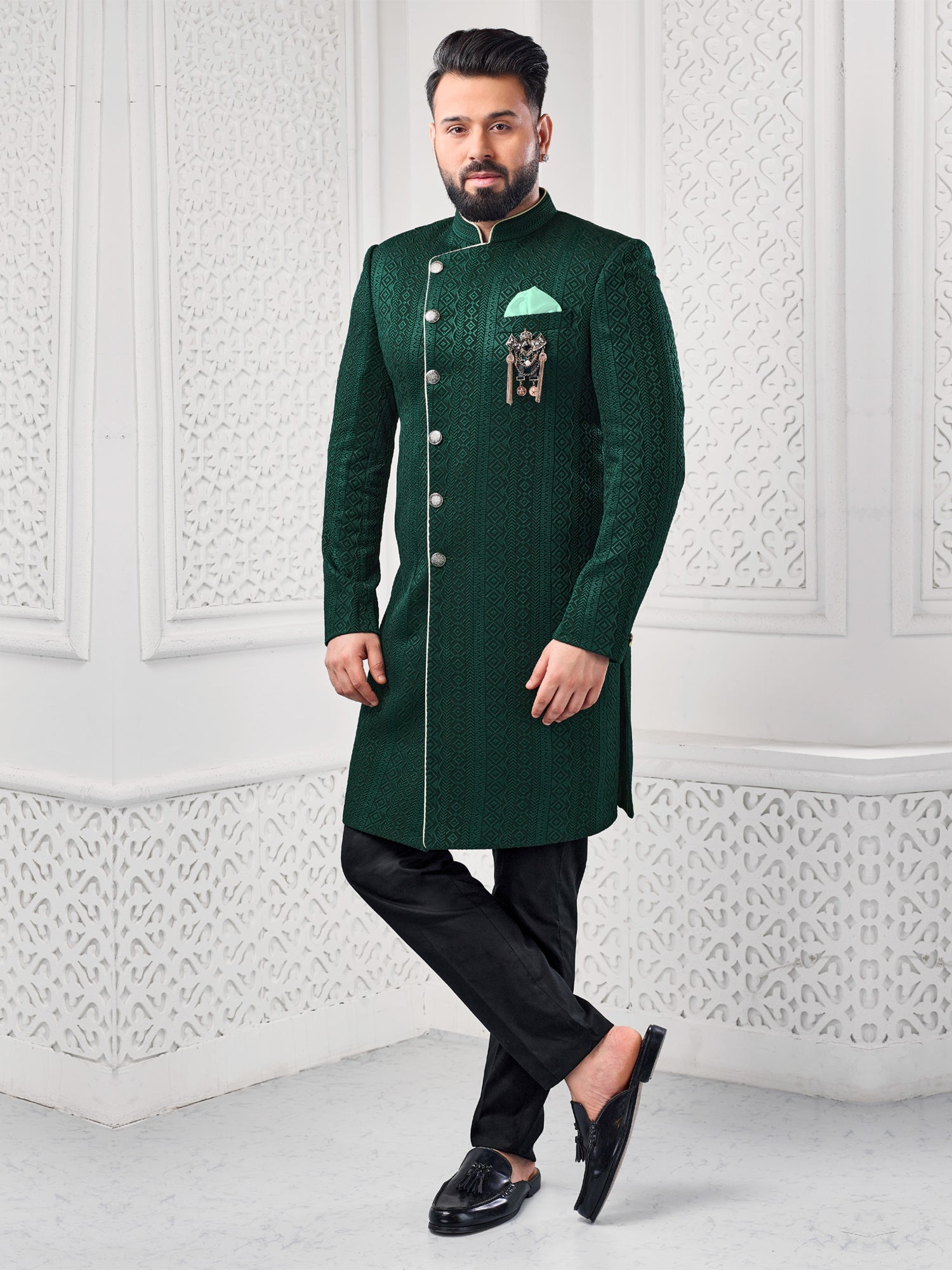 Dark Green Mens Self Embroidered Indowestern Set
