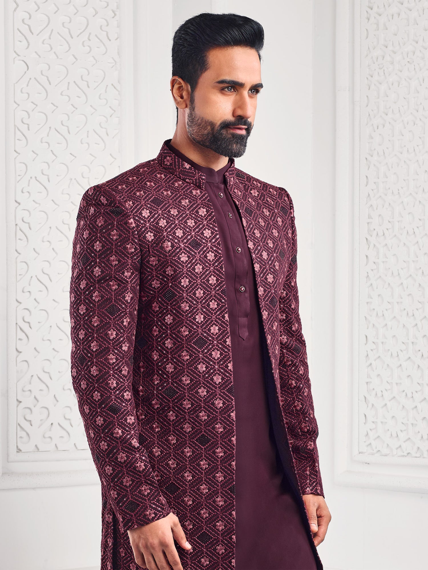 Maroon Jacketed Styled Mens Indowestern For Mens