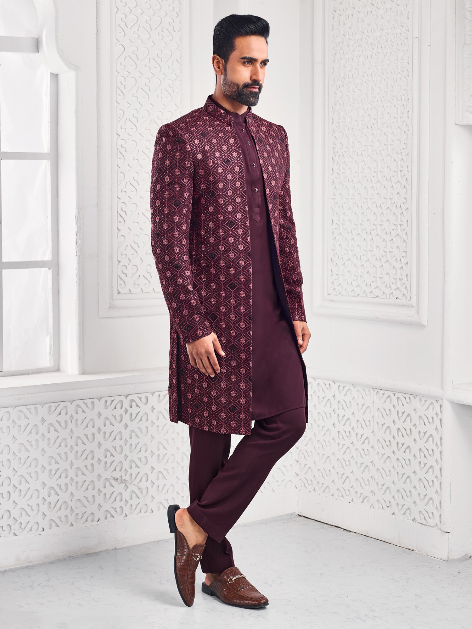 Maroon Jacketed Styled Mens Indowestern For Mens