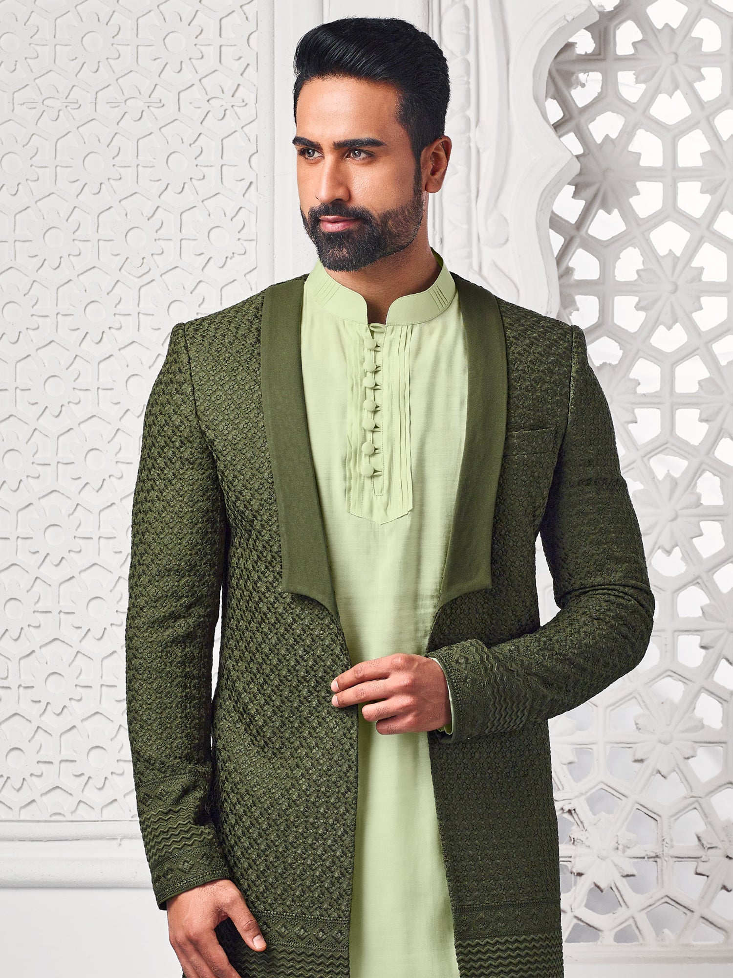 Green Mens Indowestern Set With Open Jacket