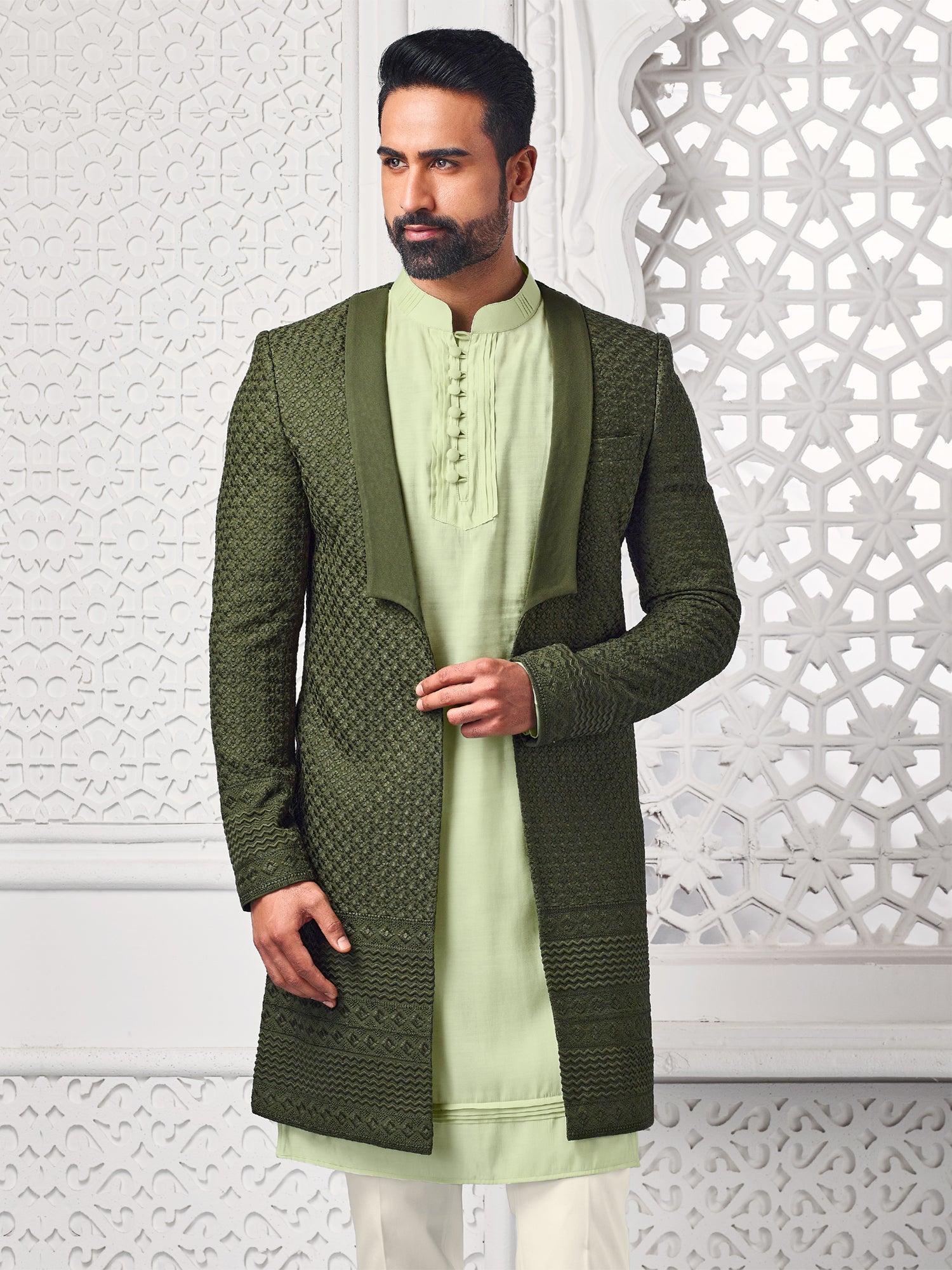 Green Mens Indowestern Set With Open Jacket