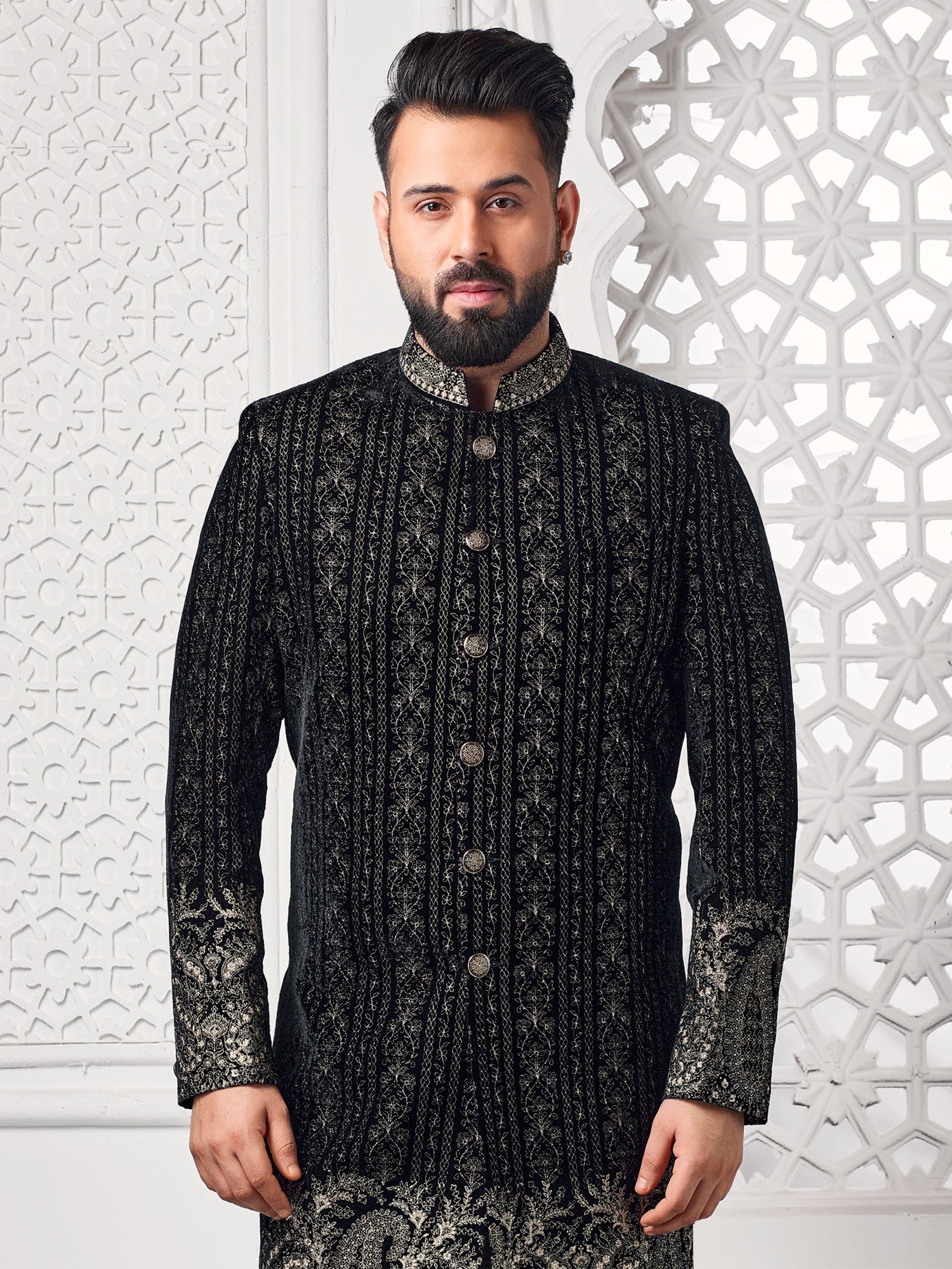 Black Wedding Wear Zari Embroidered Mens Indowestern Set